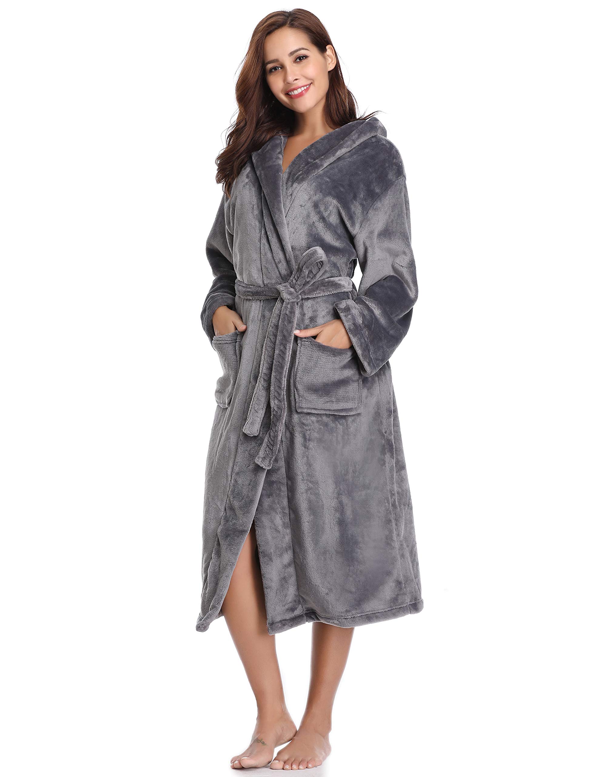 Vlazom Damen Winter Bademantel Flanell mit Kapuze Langärme Morgenmantel Saunamantel Flauschiger Robe Hausmantel