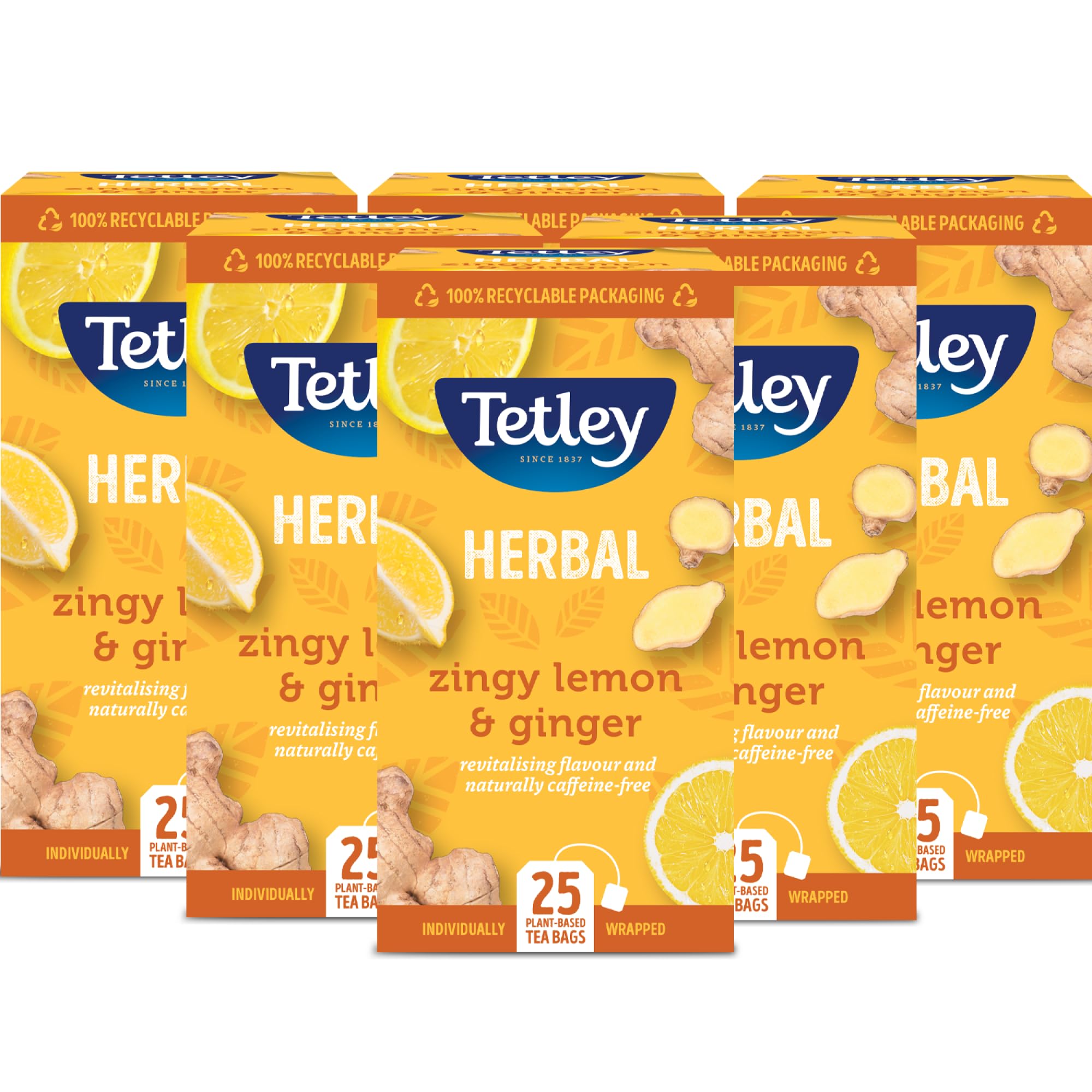 Tetley Zingy Lemon & Ginger Herbal Tea Bags - Naturally Caffeine-Free - Perfectly Balanced Citrus & Spice Infusion - Ideal for Relaxation - Rainforest Alliance Certified - 150 Teabags (6x25 Pack)