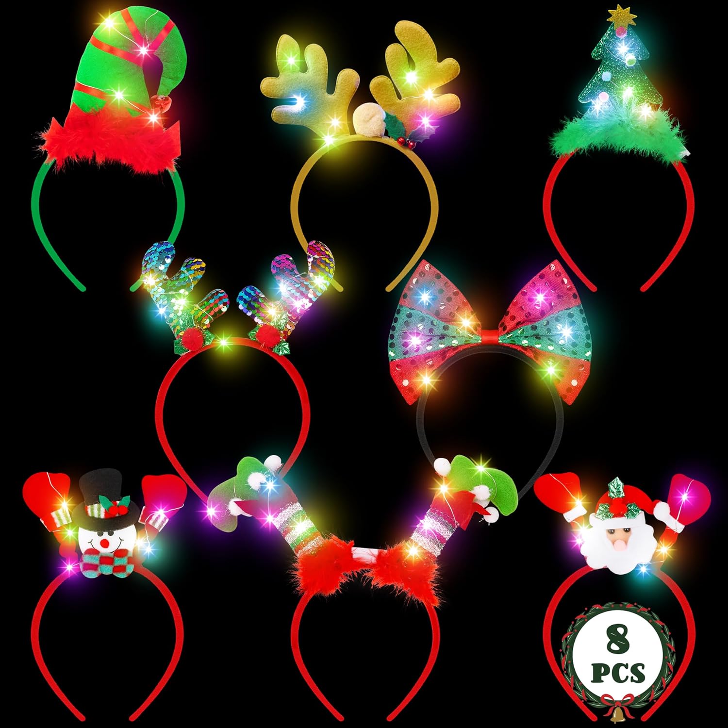 8 PCS Light Up Christmas Headband, LED Lights Christmas