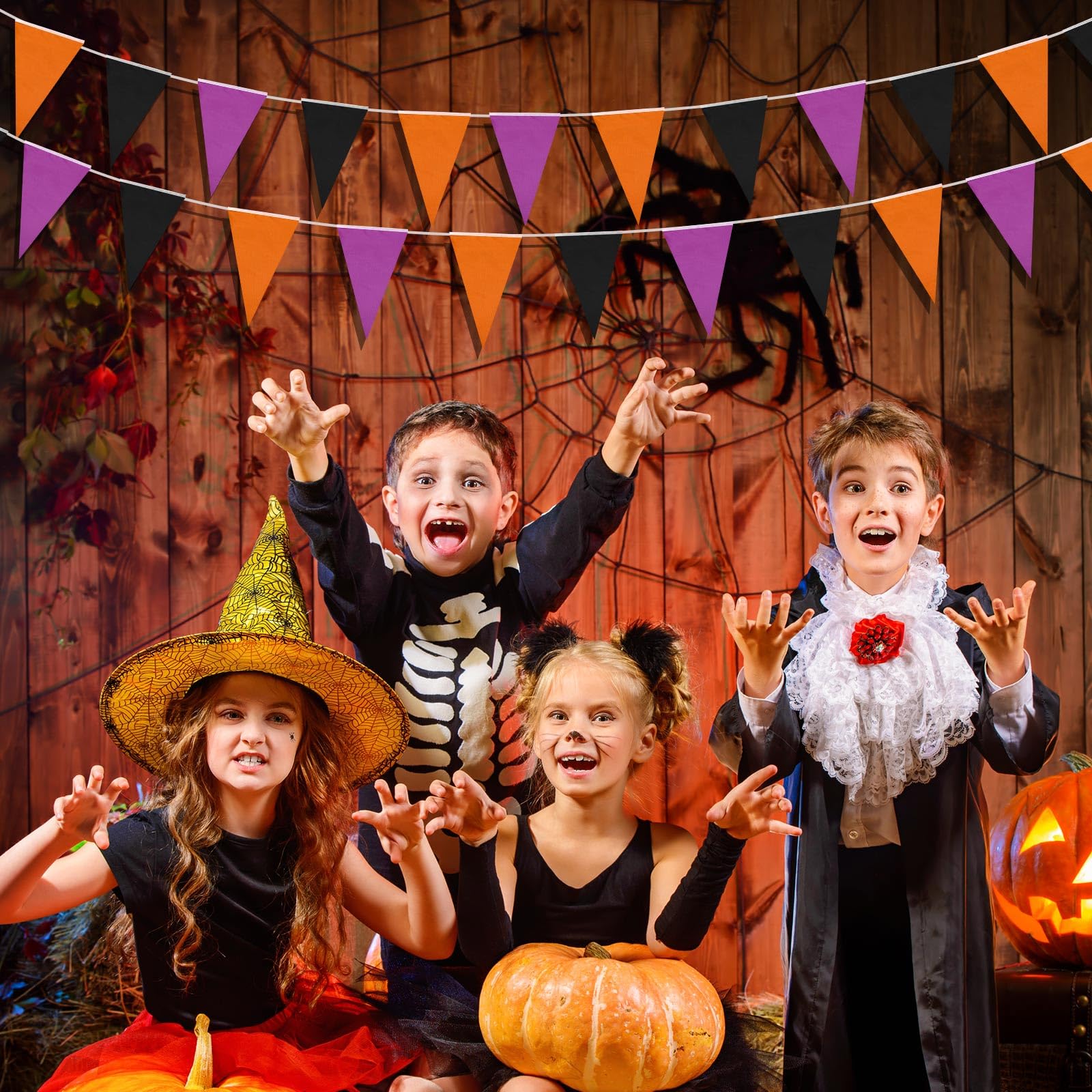 Tatuo 20 Banderines de Halloween de 200 m Total Banderas Triangulares de Negro Morado Naranja Pancartas de Tela Guirnaldas de Fiesta Banner Colgante para Interior Exterior Boda Jardín Cumpleaños