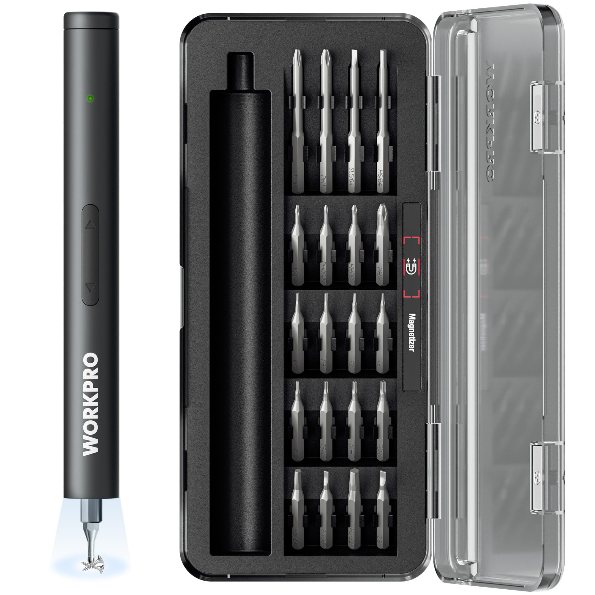 WORKPRO 20-in-1 Mini Electric Screwdriver with Magnetizer & S2 Steel Bits, 3.6V Rechargeable Precision Screwdriver Set for Electronics, Phone, Camera,