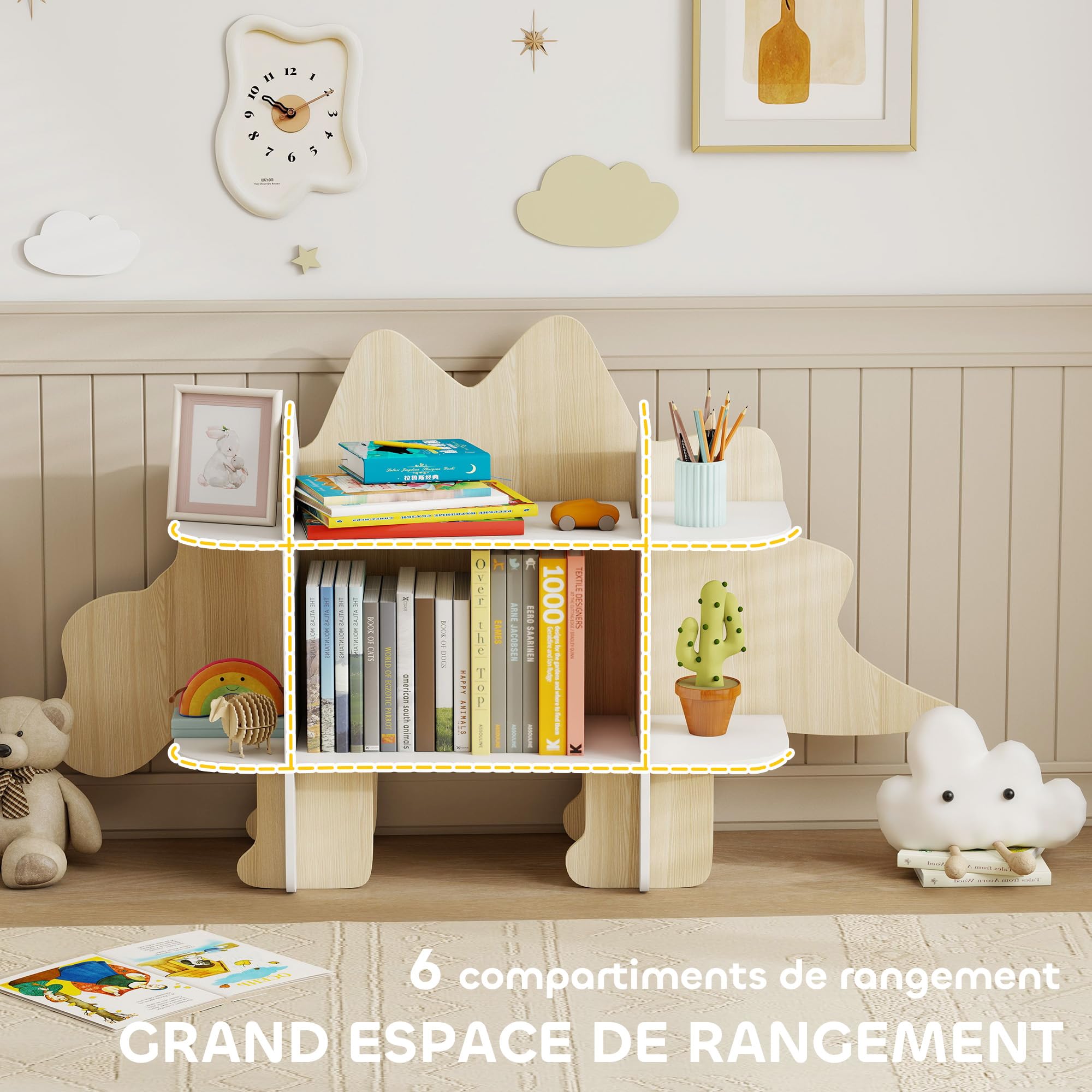 AIYAPLAY Libreria per bambini con design a dinosauro, contenitore per giocattoli e libri, con 6 scomparti, altezza 72,2 cm, per camera da letto o stanza dei giochi, legno naturale