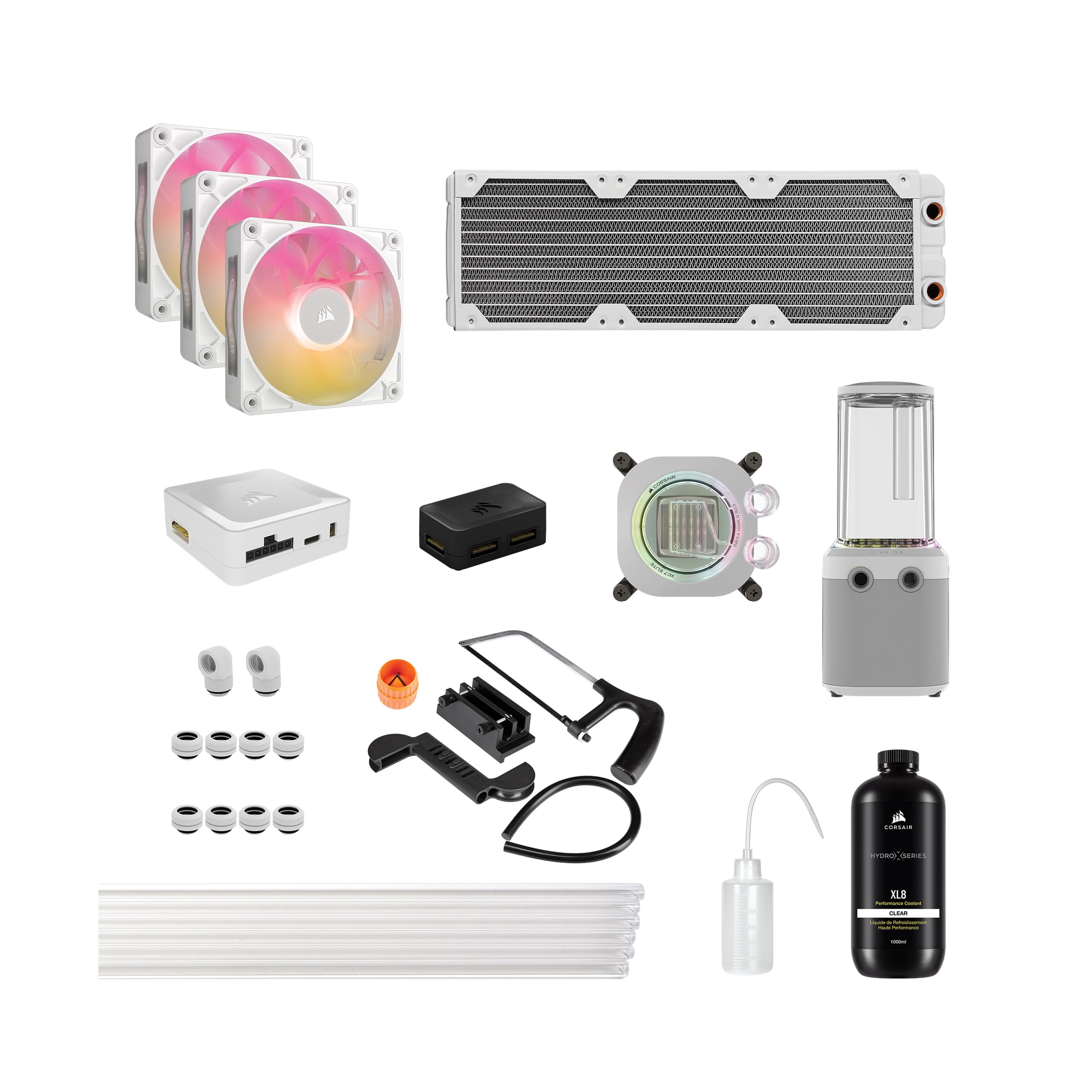 CORSAIR iCUE LINK XH505i RX 360 RGB Individuelles Kühlungs-Kit – XC7 ELITE CPU-Wasserblock, XD6 ELITE-Pumpenreservoir, 3x RX120 RGB-Lüfter, XR5 360-mm-Radiator, iCUE LINK-Systemhub - Weiß
