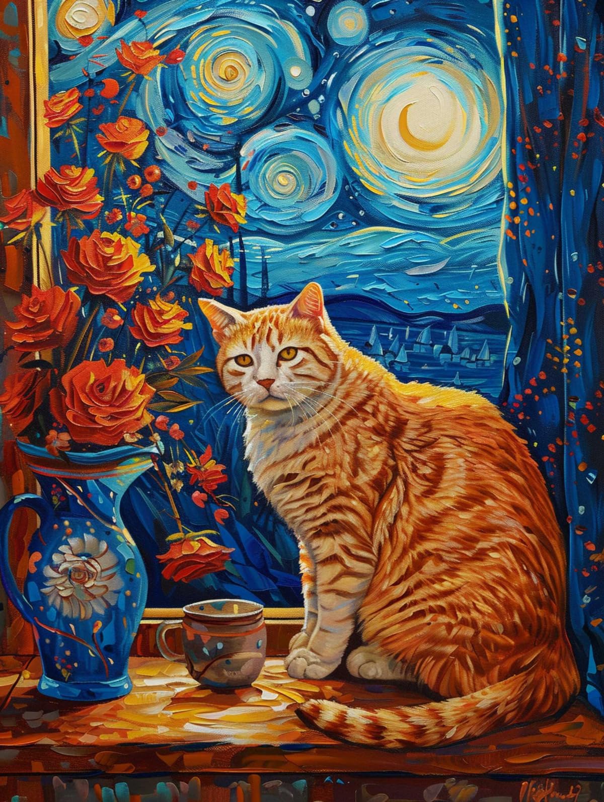 AYAOYANGGO DIY Juego De Cuentas Para Bordar Flores Y Gatos Junto A La Ventana. Kit De Manualidades Con Bordado,Pintura Con Cuentas,Tapiz 3D,Kit De Punto De Cruz Con Cuentas 50x60cm