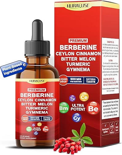 Berberina orgánica, canela de Ceilán, melón amargo, cúrcuma, Gymnema gotas líquidas – 1500 mg por porción, ultra potente – 2 onzas líquidas (2.0 fl