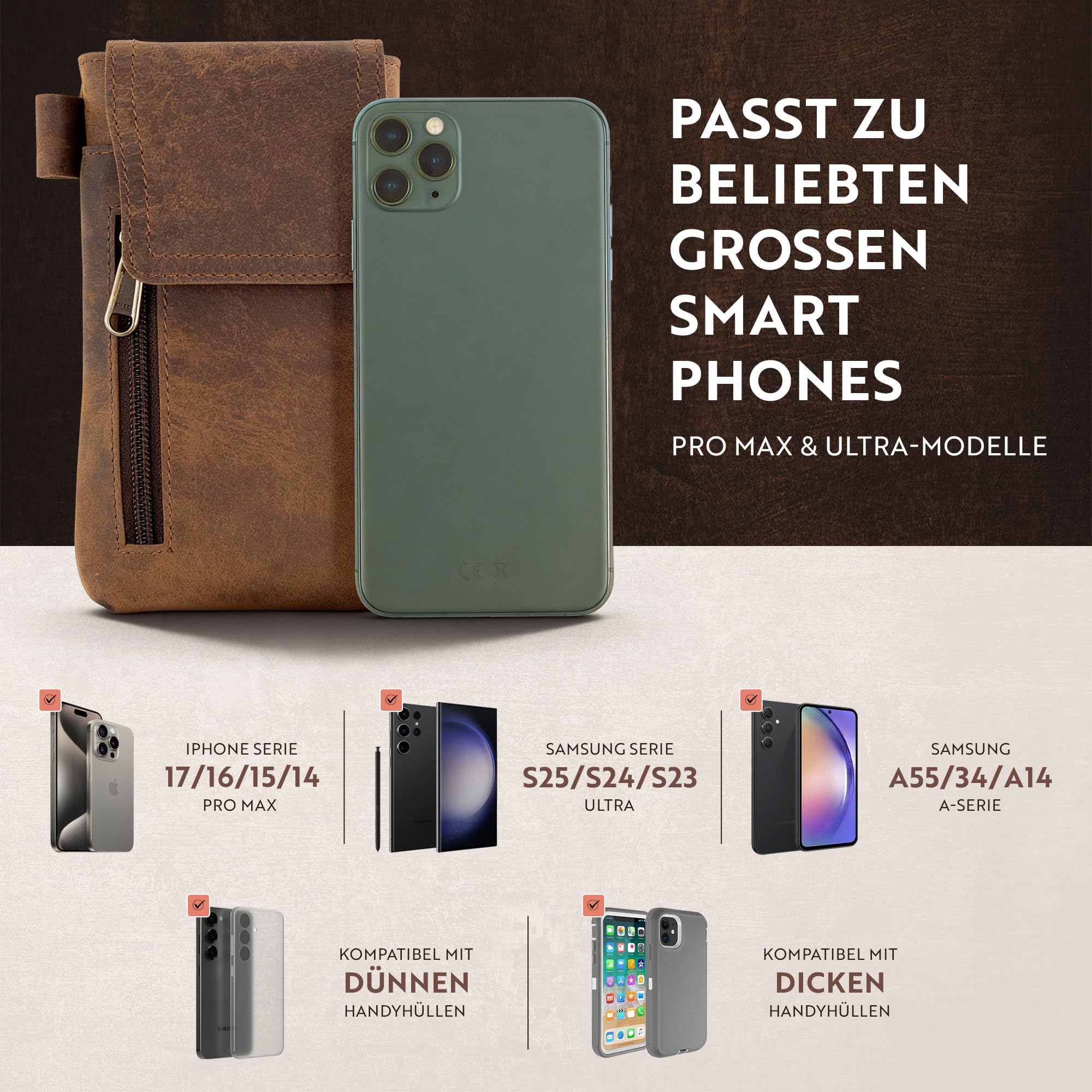 Moonster Handy Gürteltasche Herren Leder – aus Echtem Büffelleder – 19cm x 8cm Handy Leder Herren für Große Smartphones – Sichere & Langlebige Tabaktasch