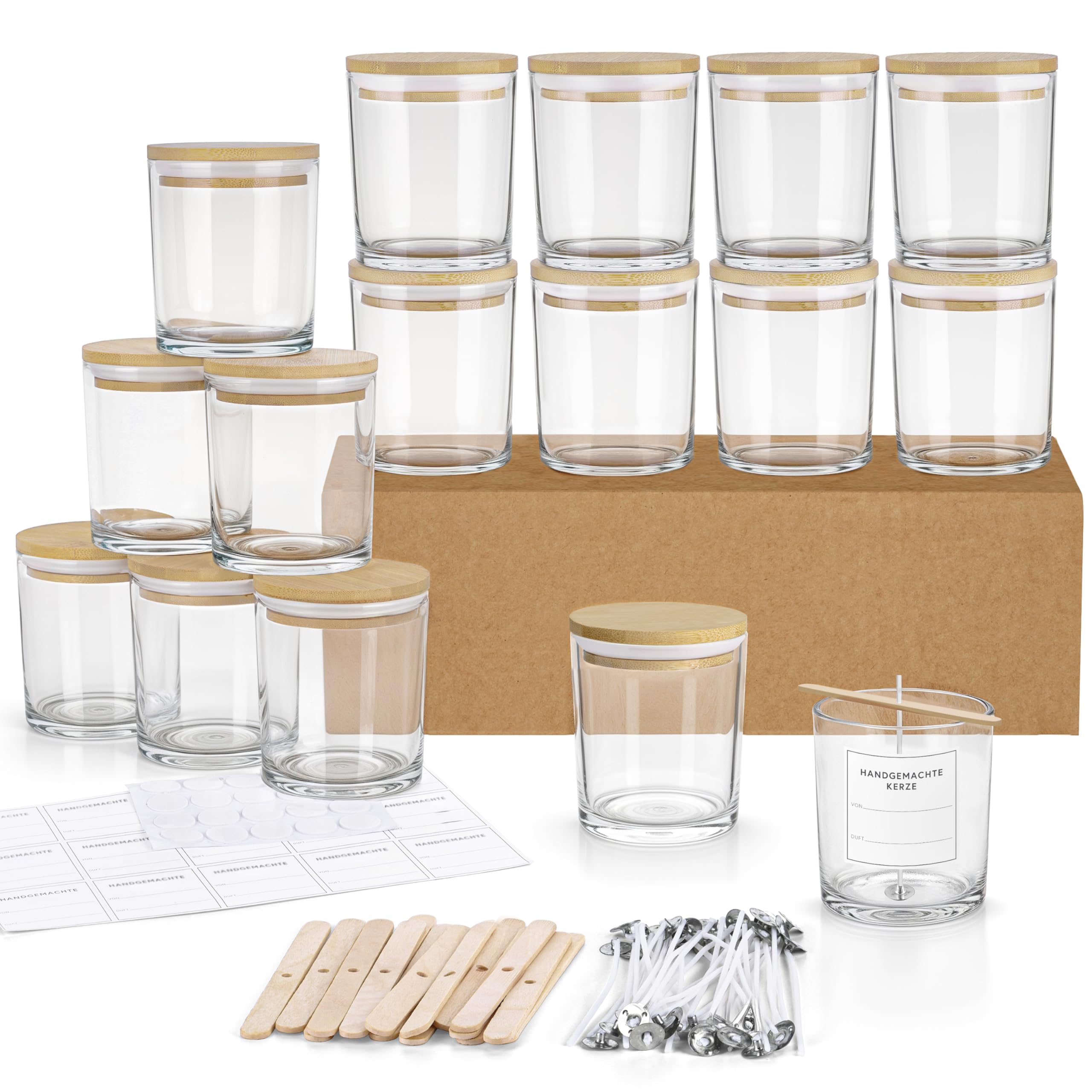 Winter Shore 300 ml Glaszylinder für Kerzen (16er-Pack) - Kerzen Glas Leer zum Gießen, Hochwertige Leere Kerzengläser mit Deckel aus Bambus, Dochten & Etiketten - Candle Jars Leer zum Gießen