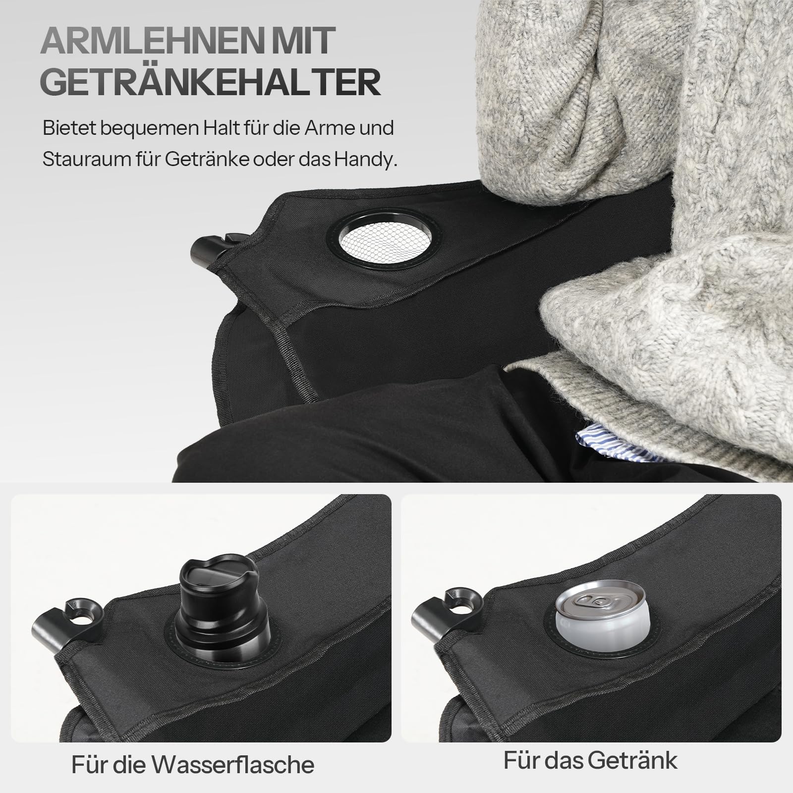 LARMNEE Campingstuhl Faltbar für 2 Personen, Campingsofa, 2 Getränkehalter, 200 KG Belastbar, Campingcouch Dick Gepolstert Klappstuhl, inklusive Tragetasche, Schwarz EBK03LC02