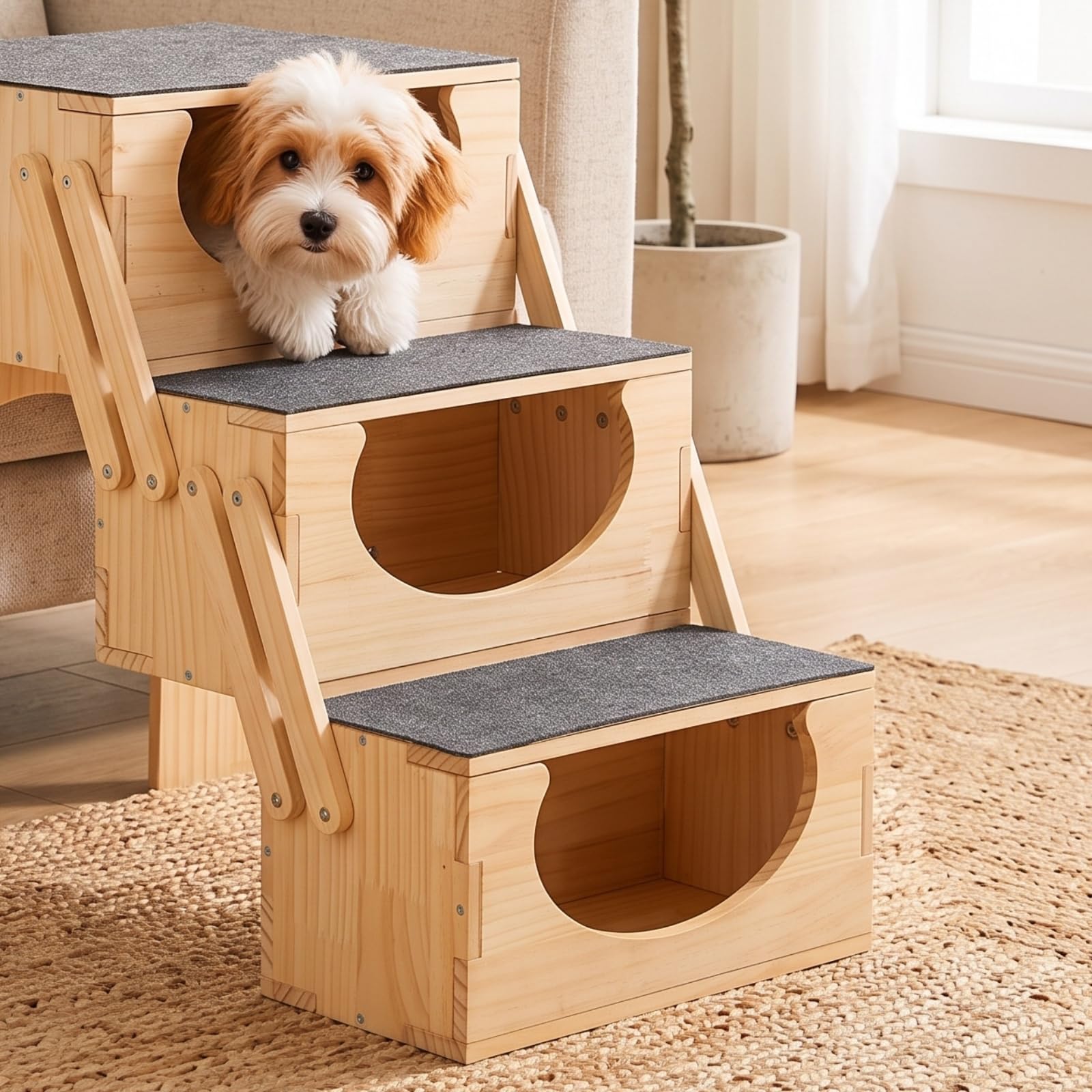 Baoblaze Scaletta per Cani Gradini Rampe in Legno Massello Pieghevole con Superficie Antiscivolo E Ta Laterali Semicircolari per Stabilità E Presa Sicura, Due Gradini
