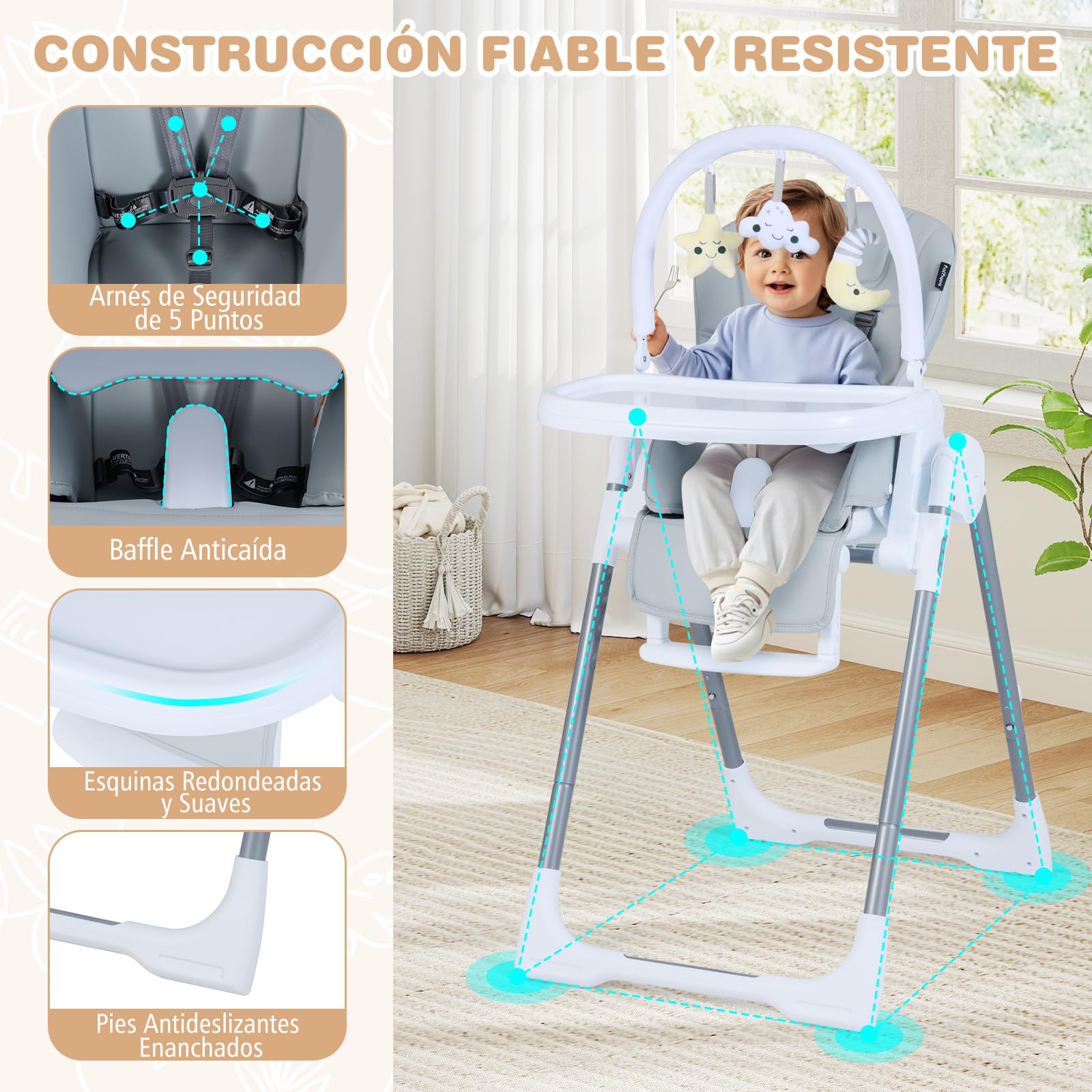 COSTWAY Trona Evolutiva Bebe, Trona Plegable para Bebés, Silla Alta Evolutiva con Altura Ajustable, Respaldo Reclinable, Reposapiés, Arnés de Seguridad, Doble Bandeja, Ruedas (Gris Claro)