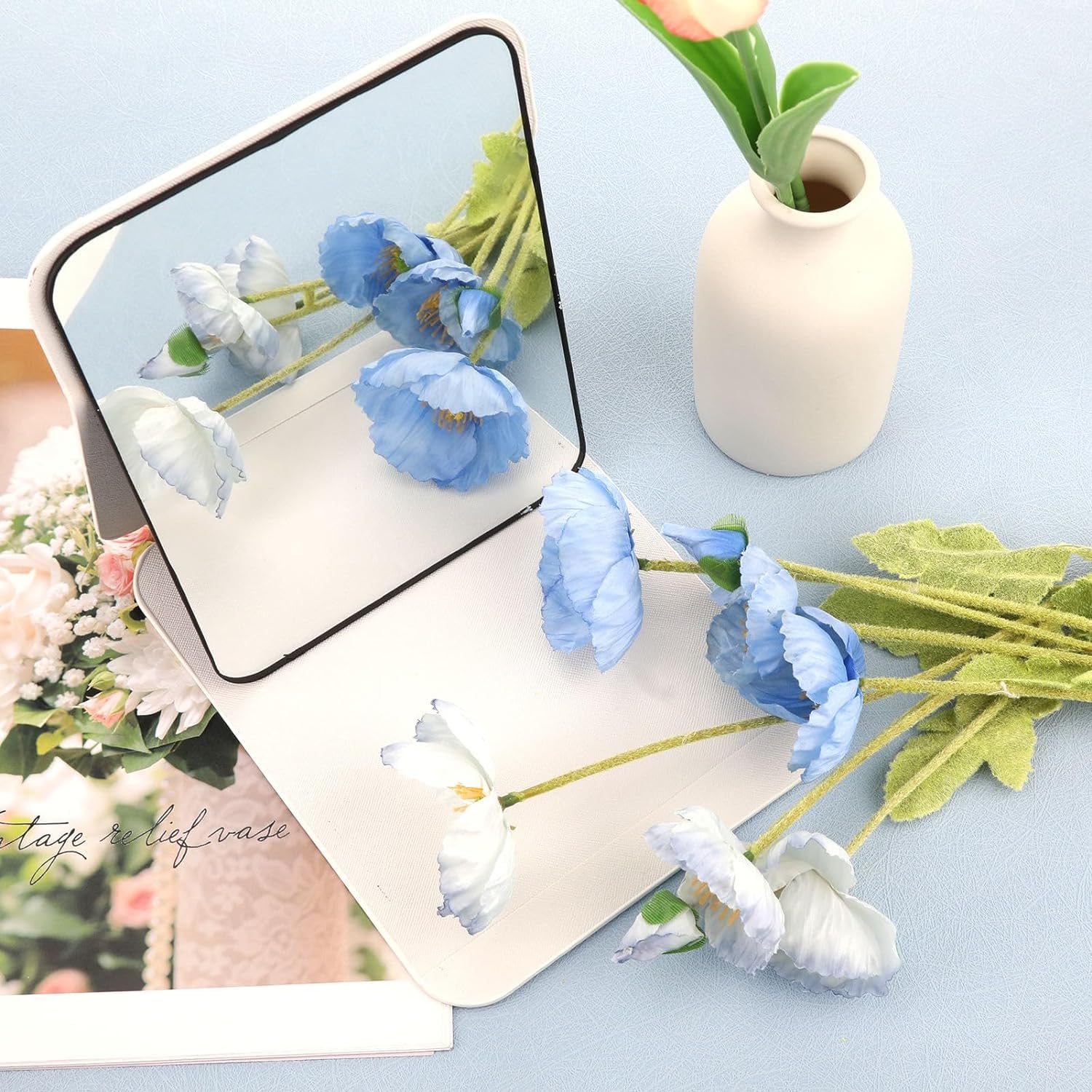 ONICORN® Foldable Makeup Mirror with Stand, Compact Portable Folding Free Standing Travel Vanity Mirror, Frameless PU Leather (Round Edge White 1 PCS) - Image 8 thumbnail
