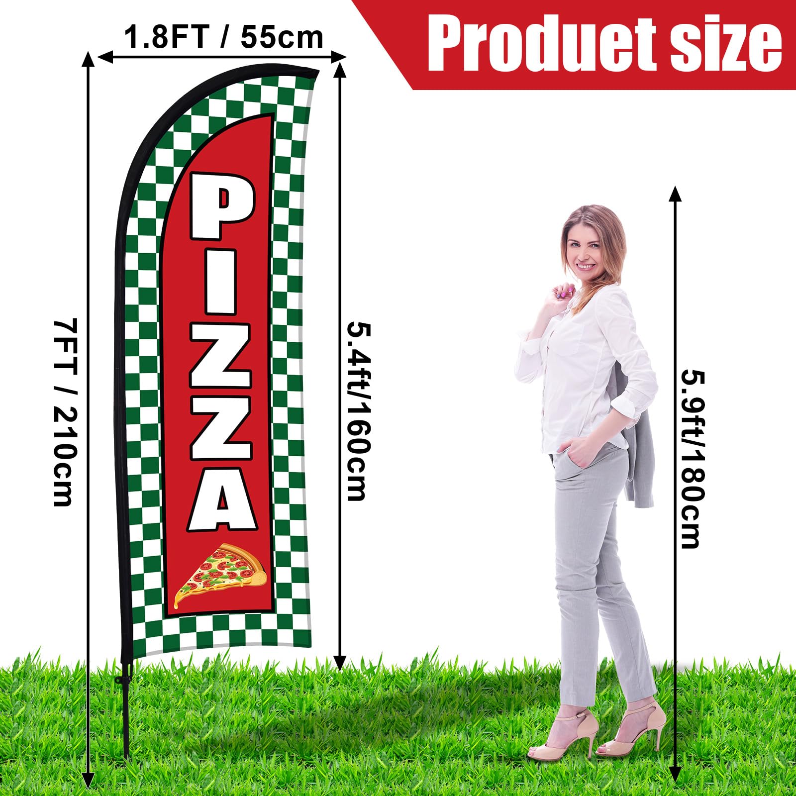 Hahafelt Bandera de plumas de pizza para publicidad empresarial, 7 x 5 pies, letrero de bandera de publicidad de pizza con poste de bandera, bolsa portátil, letreros de barbacoa, juego de banderas