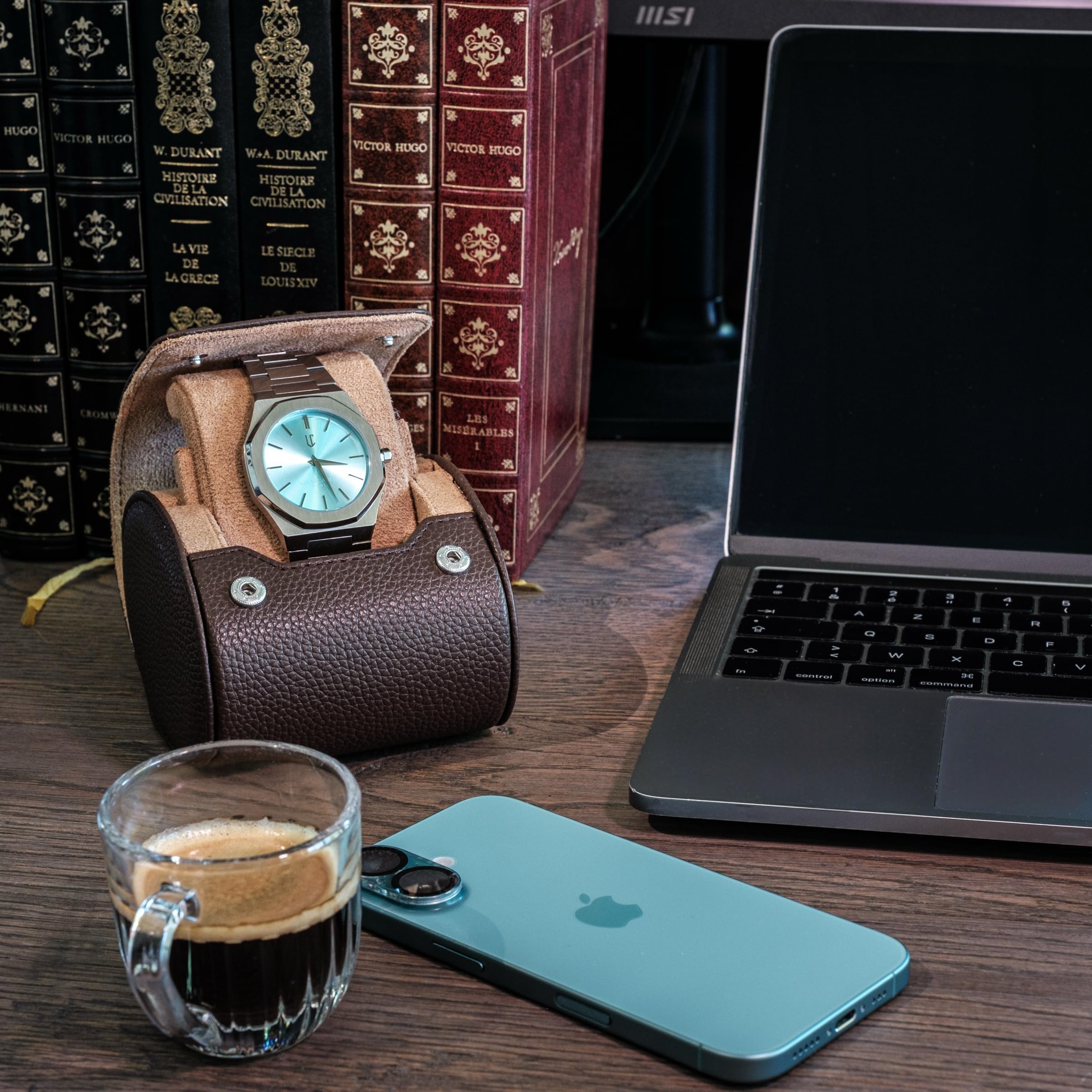 Étui montre Cuir de voyage et de rangement pour 1 montre Marron - Rangement bijoux - Boite montre/boite a bijoux pour montre - coffret cadeau homme
