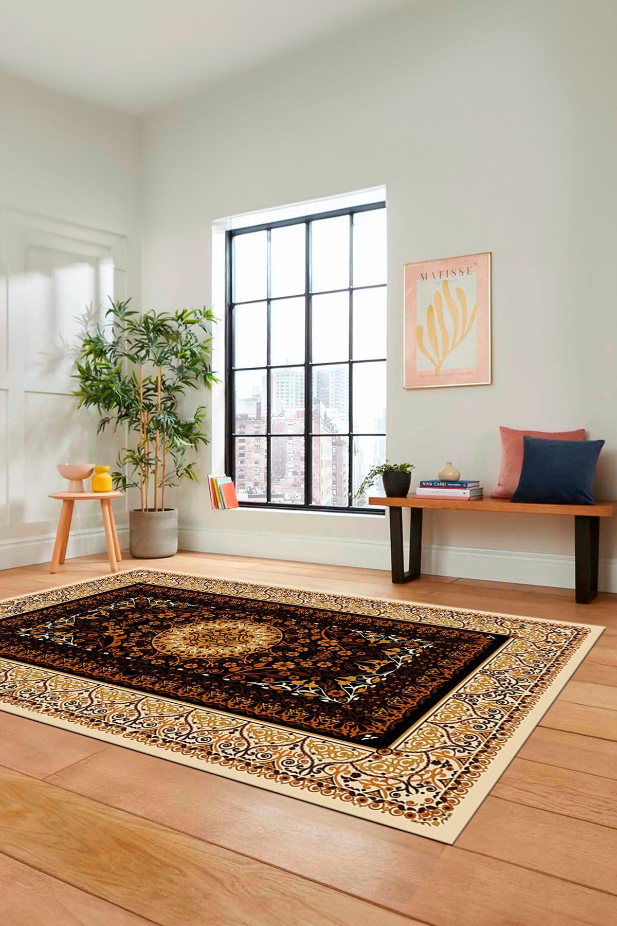 Evdeya Şık Klasik Desen Dijital Kaymaz Taban Yıkanabilir Yolluk Mutfak Salon Halısı KLASİK-14, Kahverengi, 100 x 250