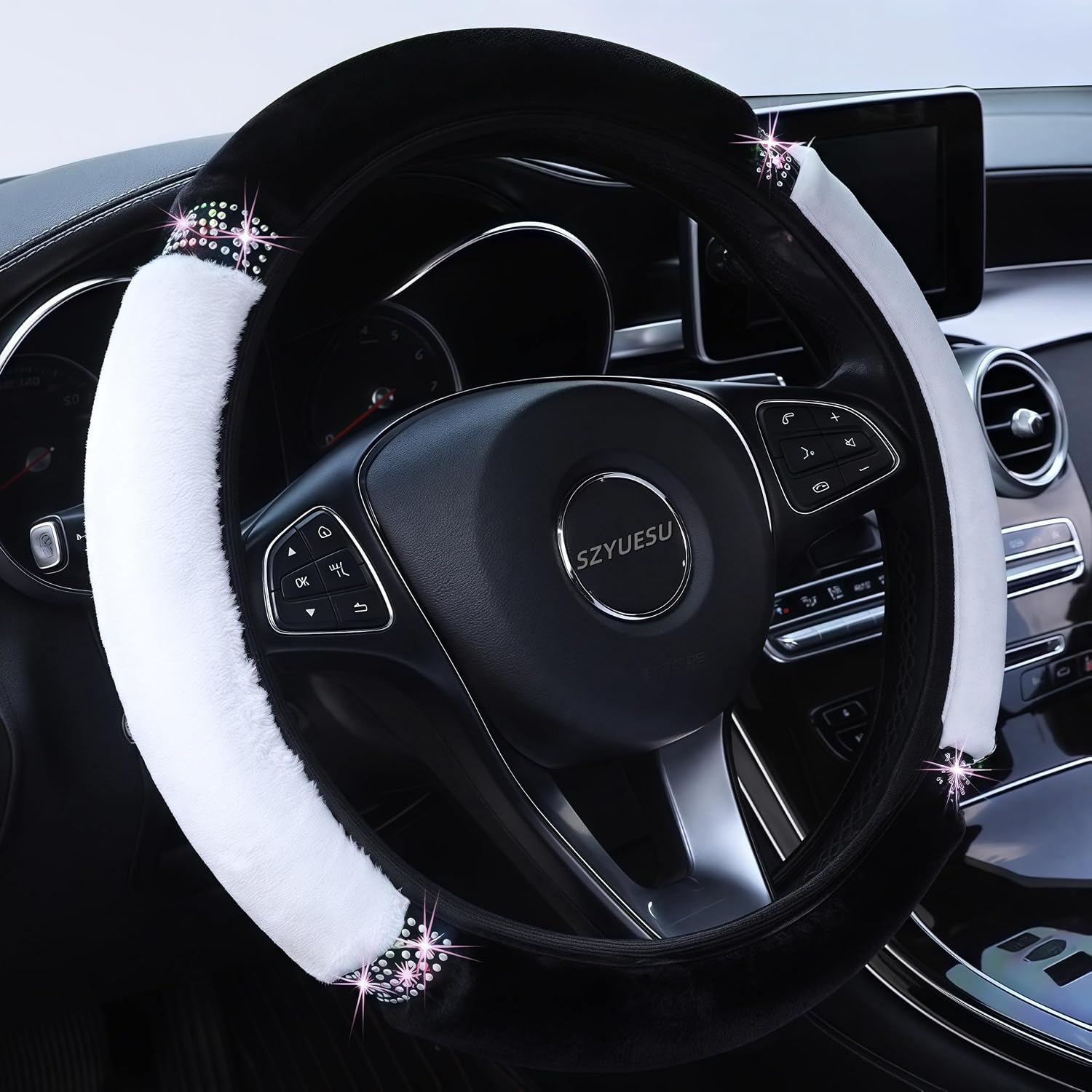 Bling Soft Plush Steering Wheel Cover, 14.5-15 Inch, White