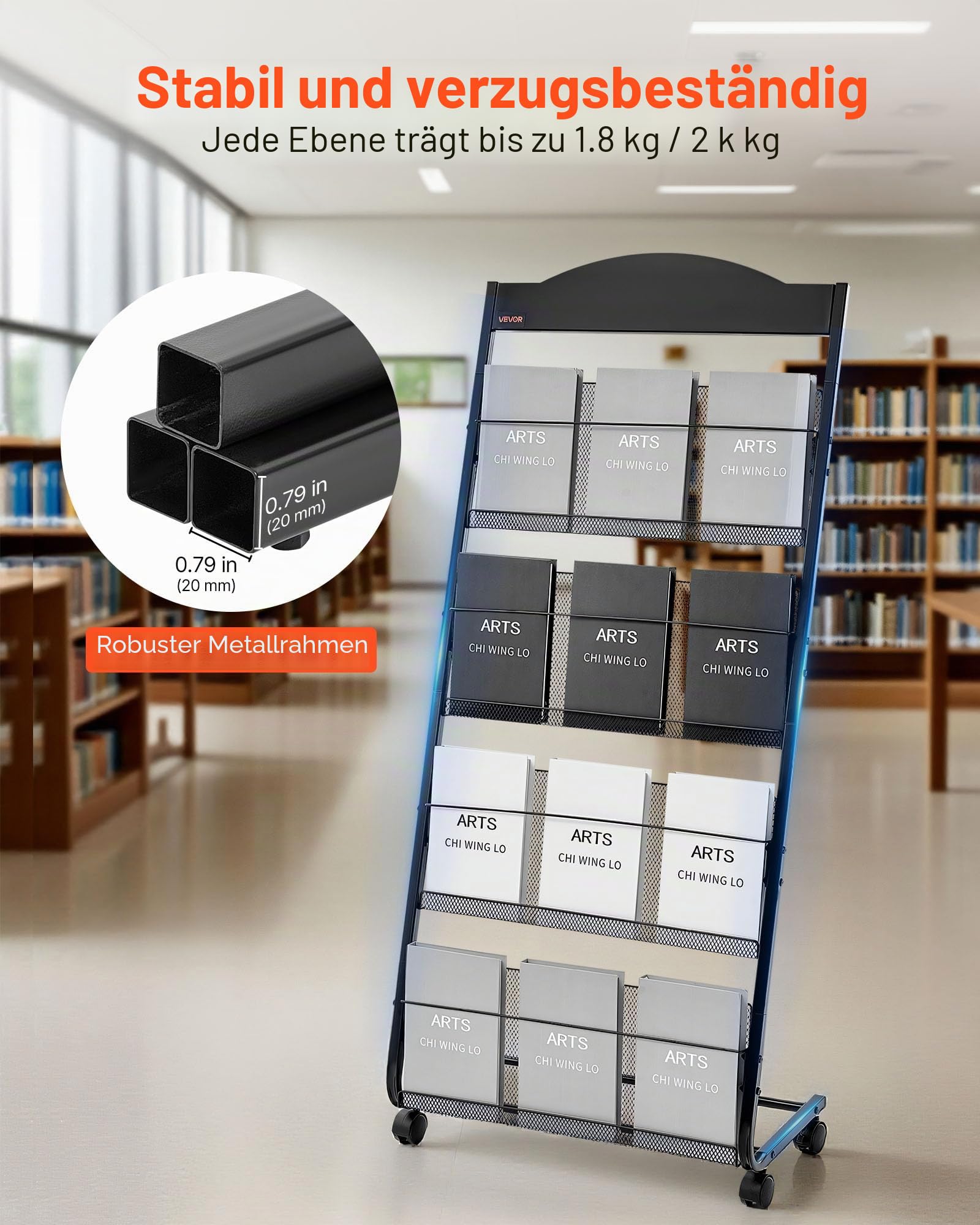 VEVOR faltbarer Prospektständer Zeitschriftenständer mit 4 Taschen, rollbarer Literaturständer Kataloghalter Schrägsteller, Buchständer Bodenaufsteller für Messe, Büroshows, Ausstellung