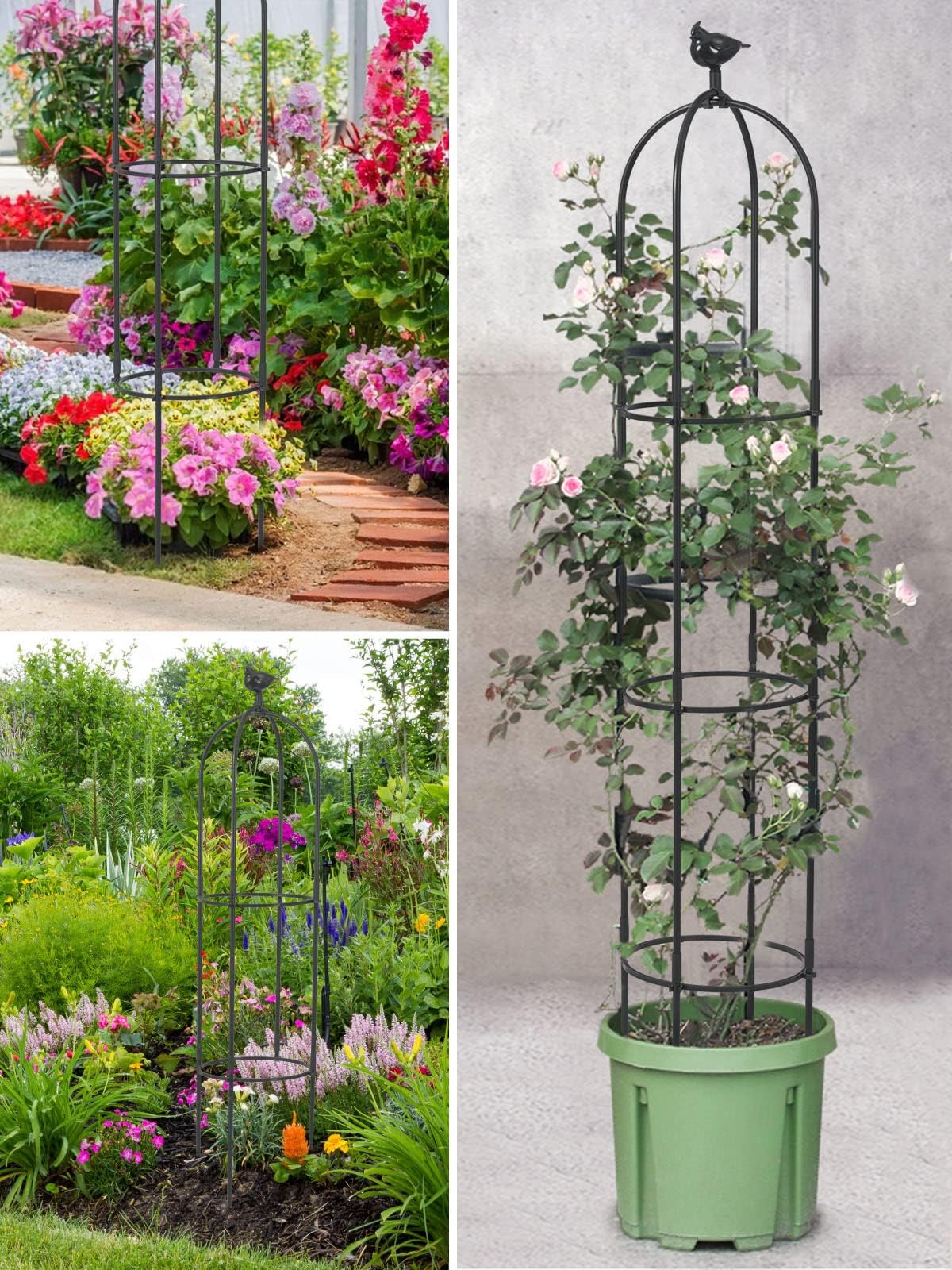Kalolary 6 pies Enrejado Jardín Alto Plantas Trepadoras Garden Tower Obelisk Trellises Soporte Escalada Plantas Maceta Metal Inoxidable Flores Interior Exterior Soporte Vides Frutas Vegetales (Negro)