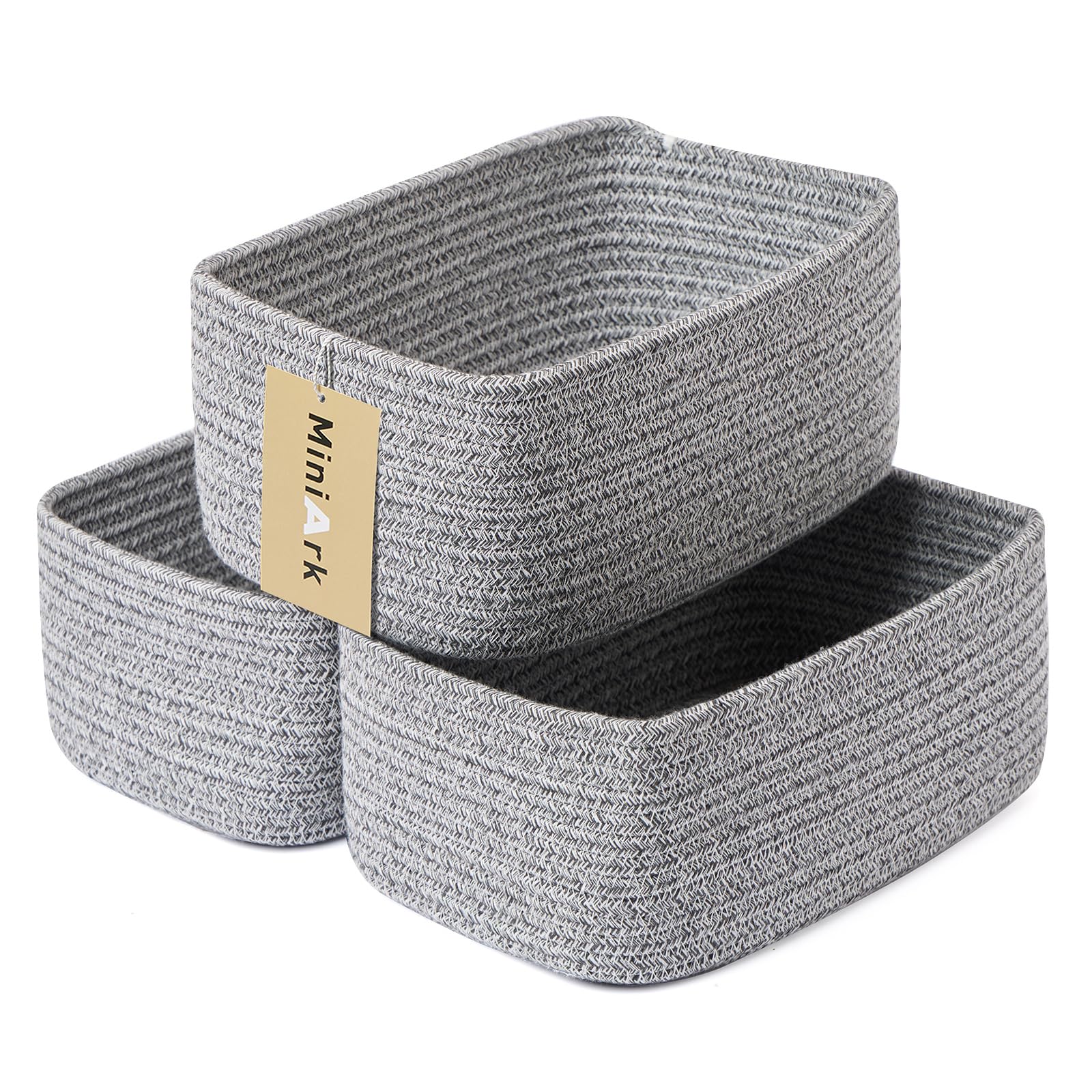 MiniArk Small Storage Baskets for Organizing | Closet Organizer Bins | Shelf Toy Basket | Woven Rope Baskets | Cube Decorative Box | Shallow Basket | 11.5x7.5x4.7” | 3 Packs Mixed Grey