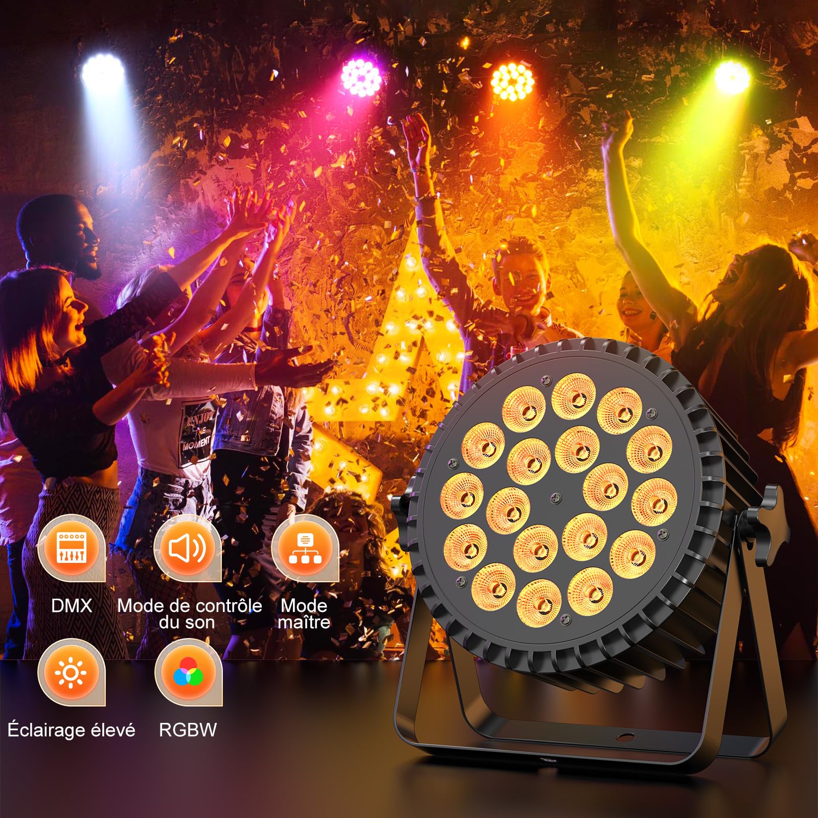 2PCS 18 LED 200W 4 en 1 RGBW de Scène Lumière, DMX512 LED Par,Son/Maître Esclave DJ Disco Lumière pour Fête, Concert, Halloween, Noël, Mariage, Club