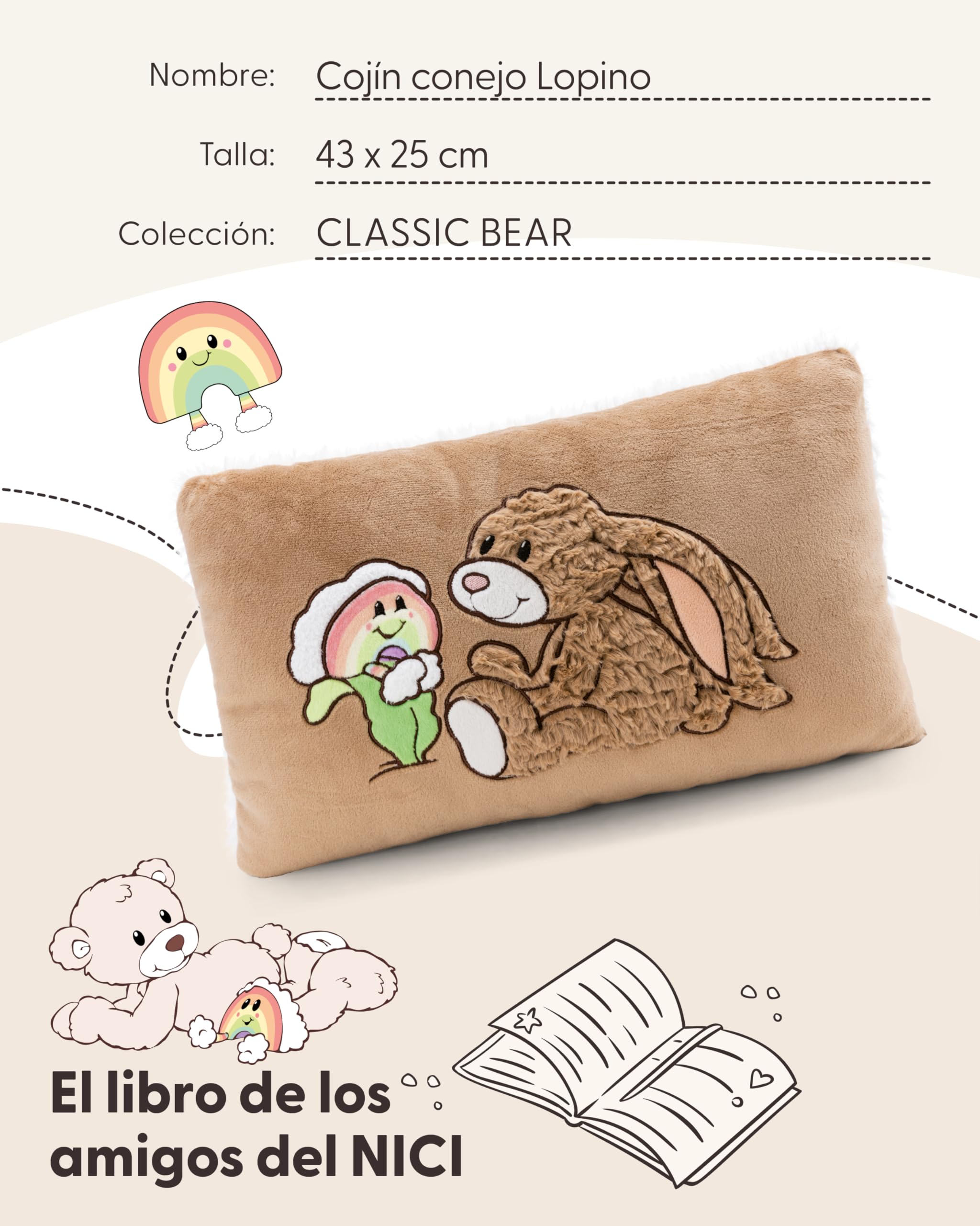 NICI Conejo Lopino de 43 x 25 cm, marrón, Suave cojín con diseño de Animal, niñas, bebés y Amantes de los Peluches, Ideal para casa, guardería o Viajes, 62335, Color