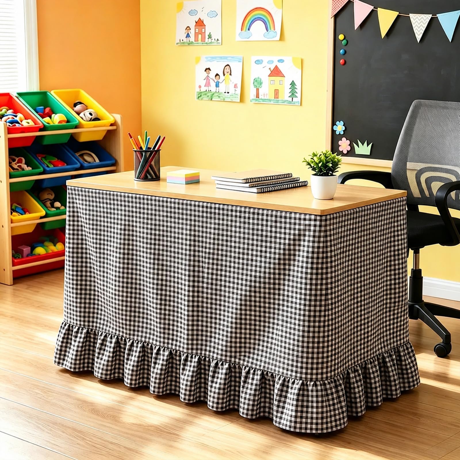 Teacher Desk Skirt 6FT, Gingham Table Skirt with Hook and Loop Fastener, Checkered Classroom Desk Decoration for Teachers, Washable Reusable For Classroom Teacher Desk Decor (#7)