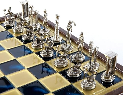 Miniatura 3 de Minoan Period Juego de ajedrez de latón-níquel - Caja de madera Tablero de latón azul