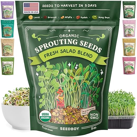 Organic Sprouting Seeds - Salad Blend Variety- Non-GMO, USA Grown Microgreens Mix - Alfalfa, Broccoli, Radish, Mung Bean, Lentil - Makes 8 Quarts of Sprouts, 24 Servings (8 oz) (Salad Blend)