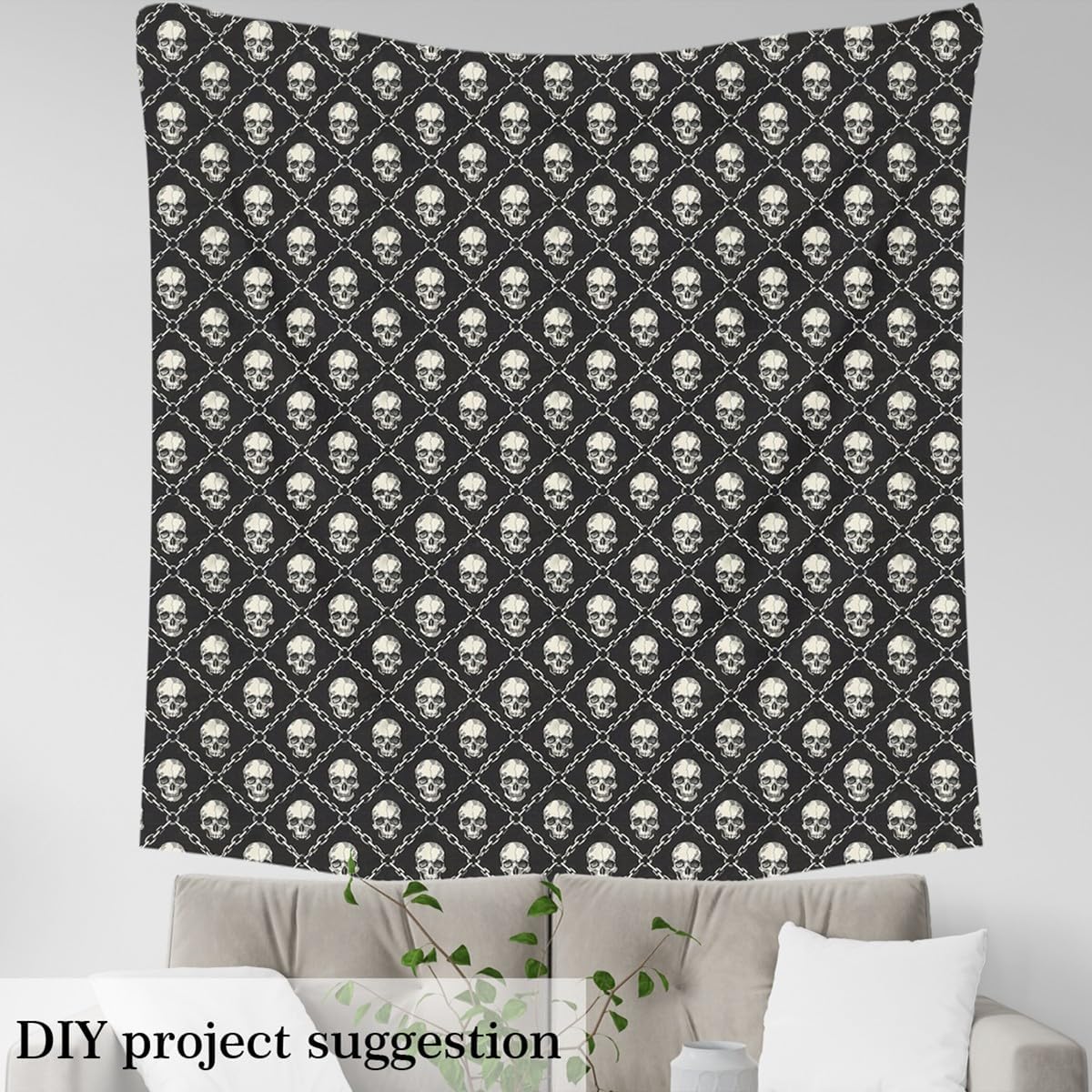 Gothic Skulls Fabric by The Yard,Halloween Theme Soft Flannel Polyester No Stretch Fabric,Hippie Skull Chain Decorative Cloth,Black Beige Silver Crafts&Sewing Supplies DIY Fabric,2 Yards,72" L x 59" W