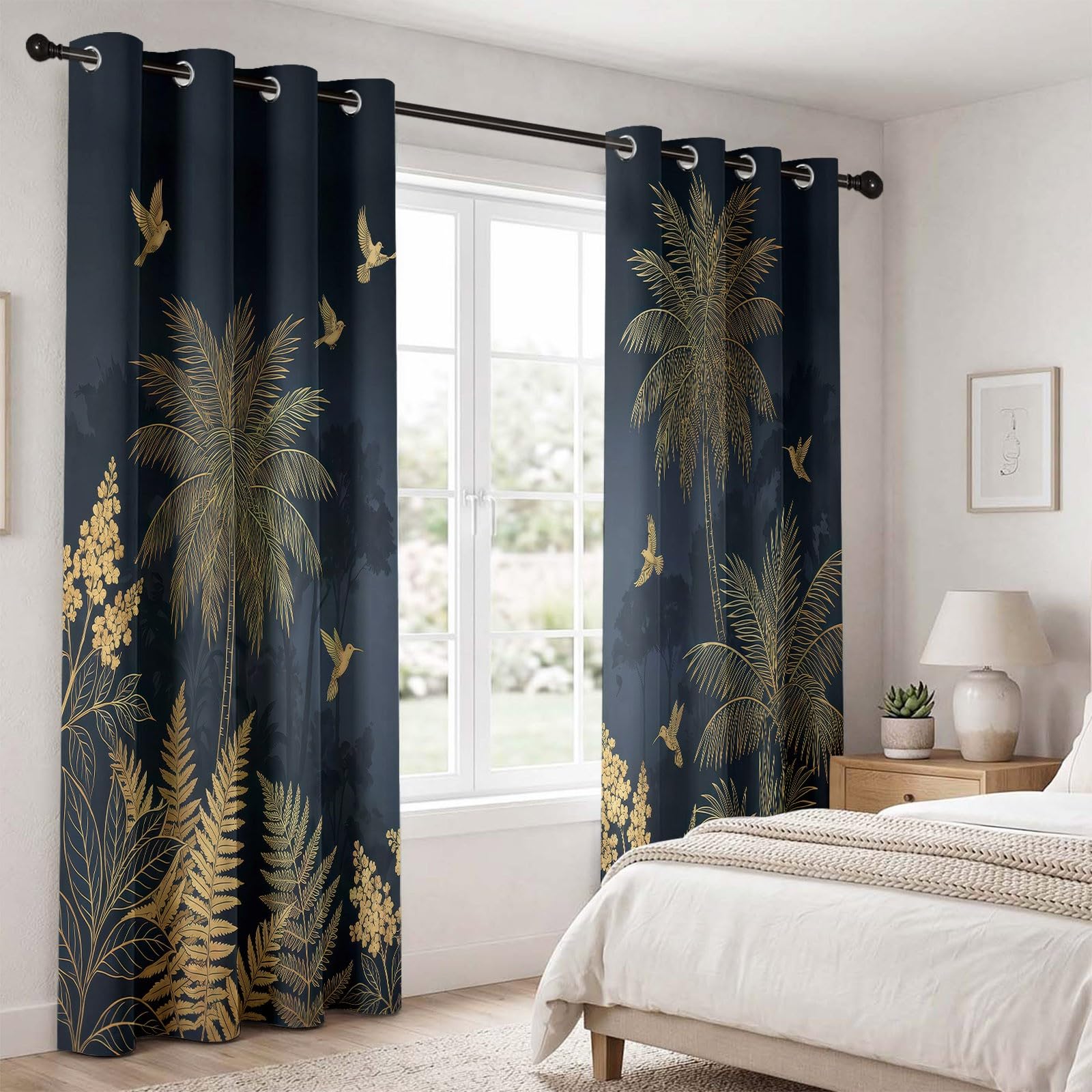 Cortinas opacas de palmeras doradas para sala de estar