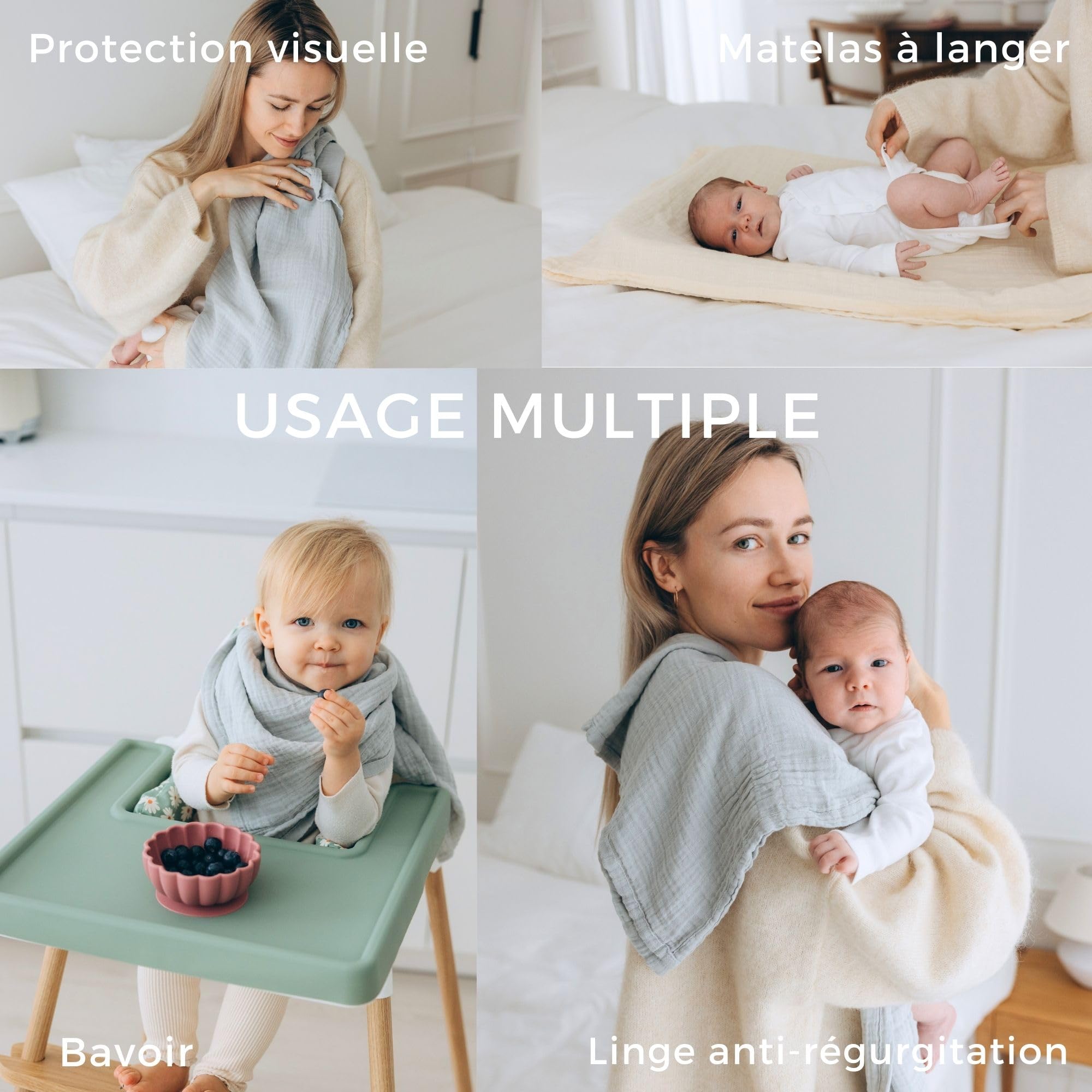 Lange Bebe 80x80 cm, Mousseline (très Doux) en Coton Biologique (Oeko TEX 100 + GOTS) | Langes Coton bébé, Mousselines emmaillotage Bebe - Lavable à 60° (Nature)
