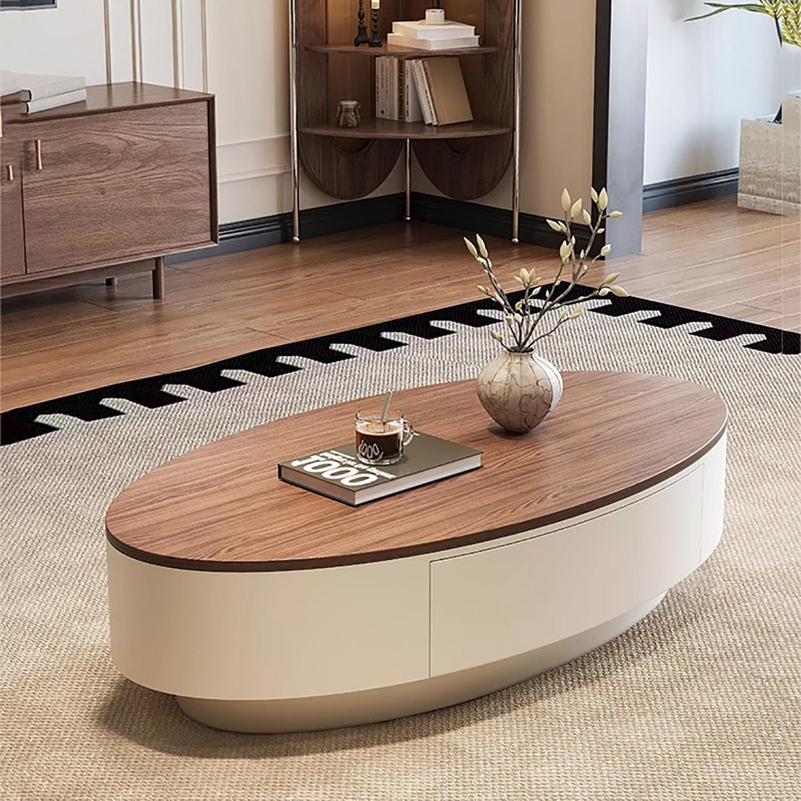 SXZenSpace Oval Nesting Coffee Table,Faux Marble Round End Table Modern 47" Living Room Center with Storage Drawer,A,120x60x33cm(47x24x13inch)