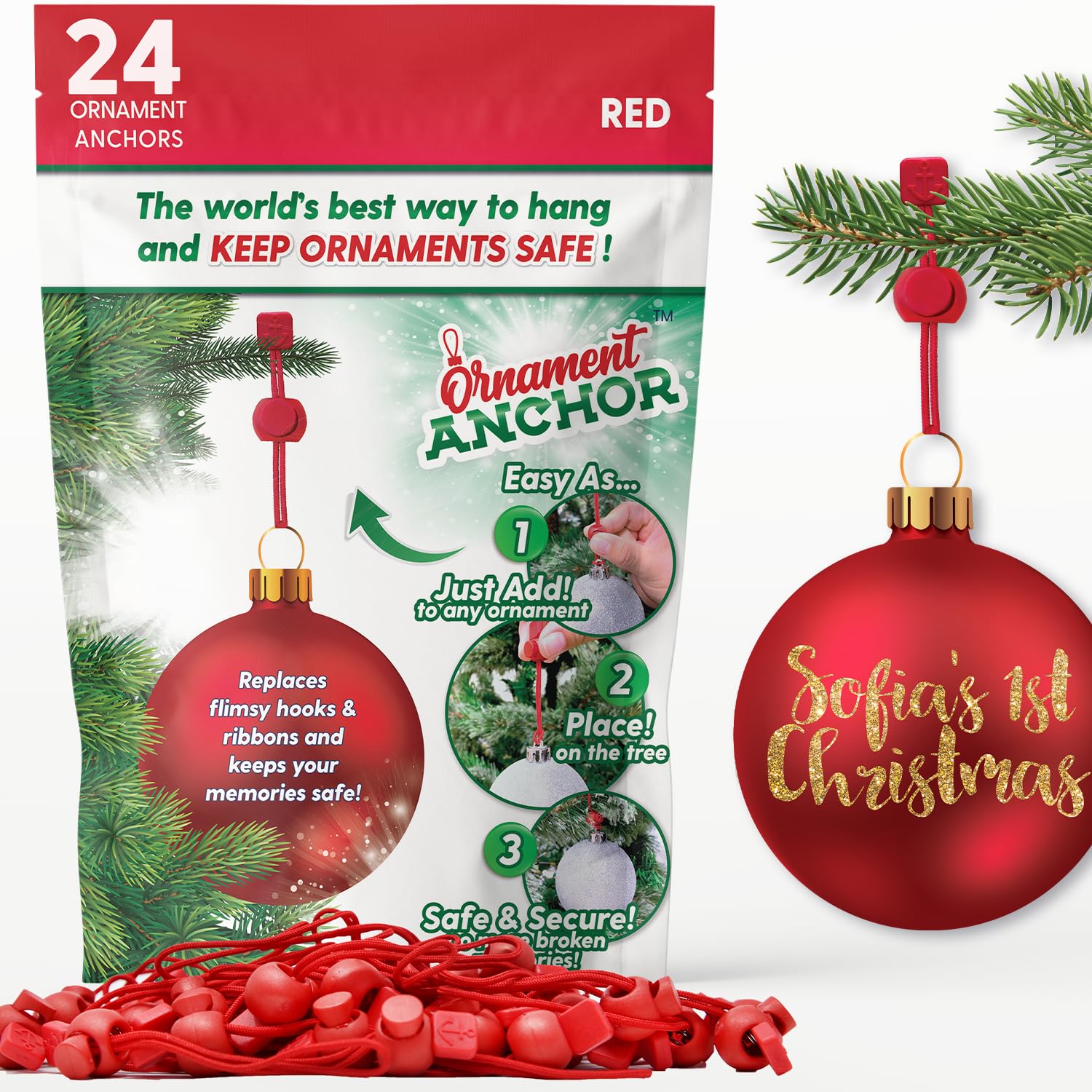 ORNAMENT ANCHOR Ornament Hooks for Hanging Christmas Decorations - No-Slip Hanging Hooks for Xmas - Heavy Duty Christmas Tree Ornaments Hanger Hooks for Small &amp; Large Ornaments (Red, 24 Count)