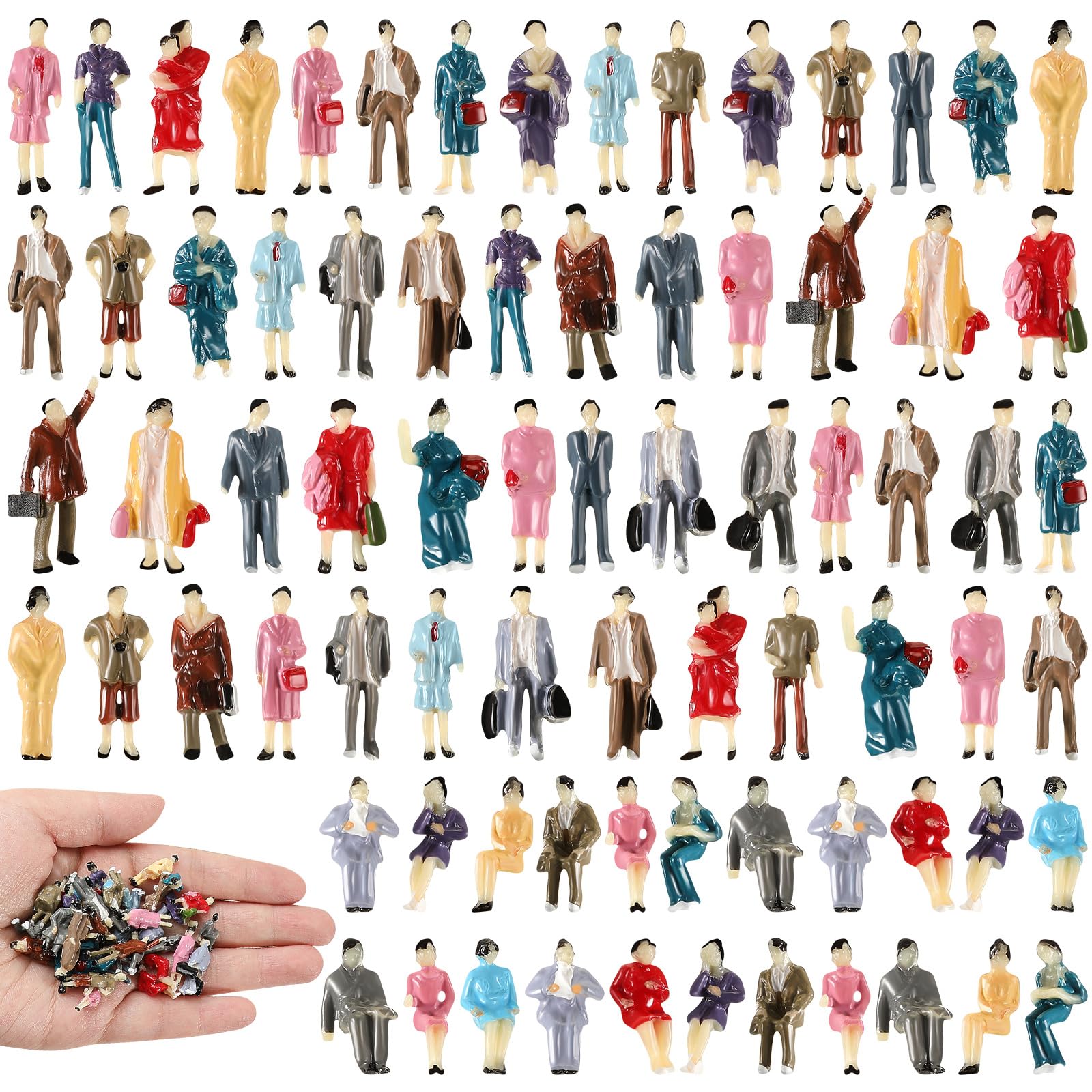 Namalu 80 pcs Small 1: 87 Ho Scale Mini People Figurines Set Architectural Painted Tiny Small Model Figures Sitting and Standing Plastic Miniature People for Dollhouse Train Park Street