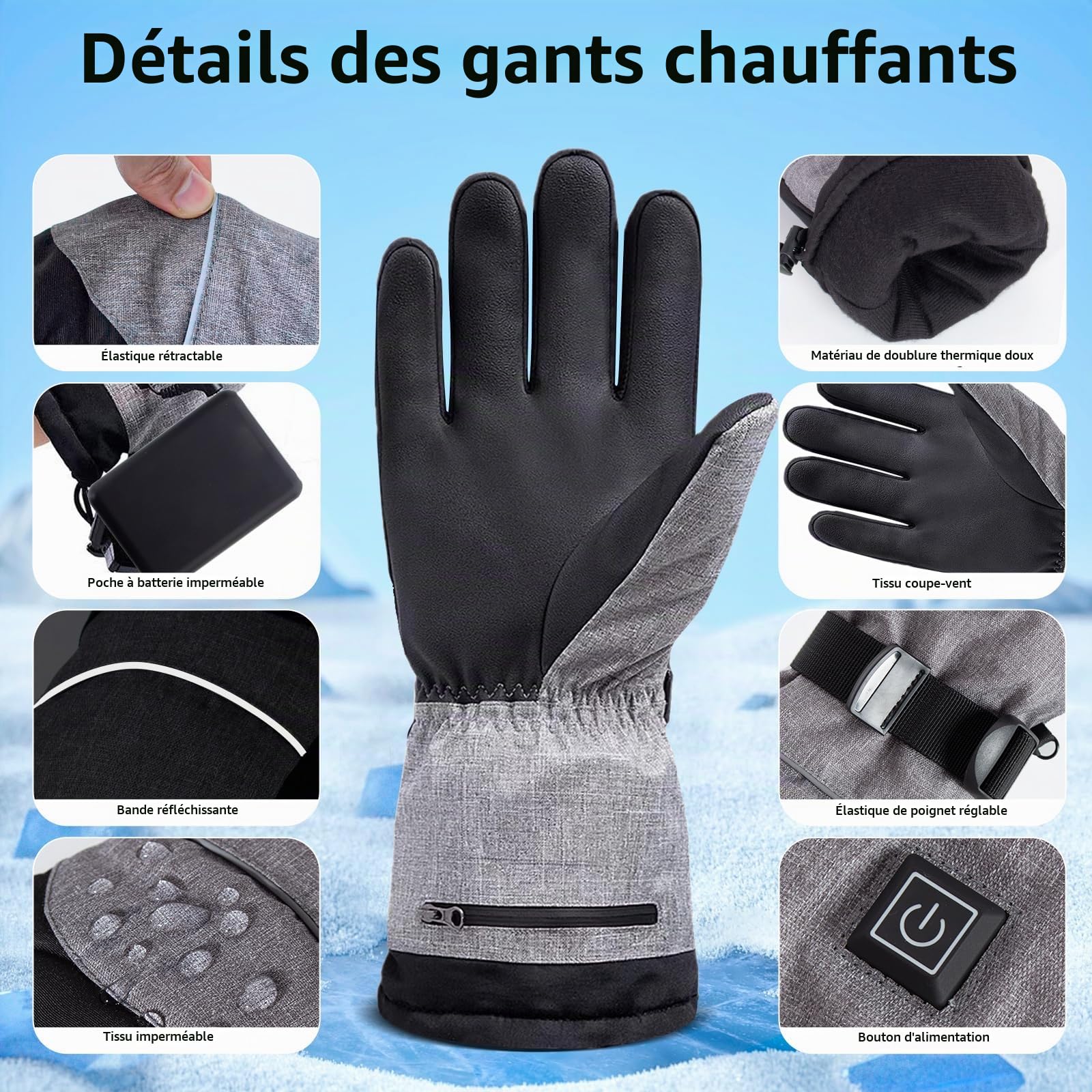 Todeco Gants Chauffants, Gants Hiver Homme, 3 Niveaux Chauffage