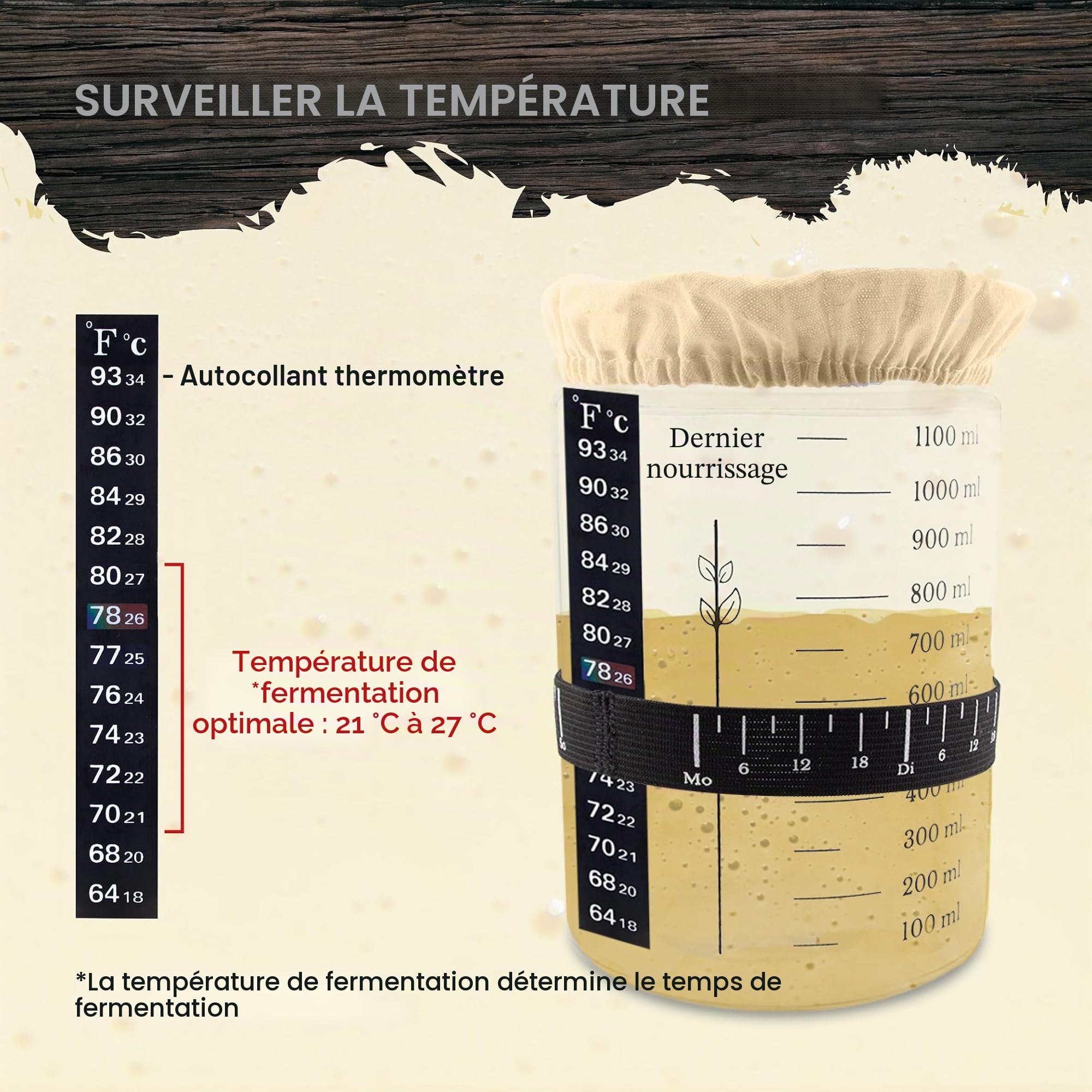 Kit de démarrage pour levain - Bocal 1100 ML avec thermomètre, Bande de nourrissage, racloir, Couverture et Couvercle en Aluminium - Accessoires pour la Boulangerie Maison