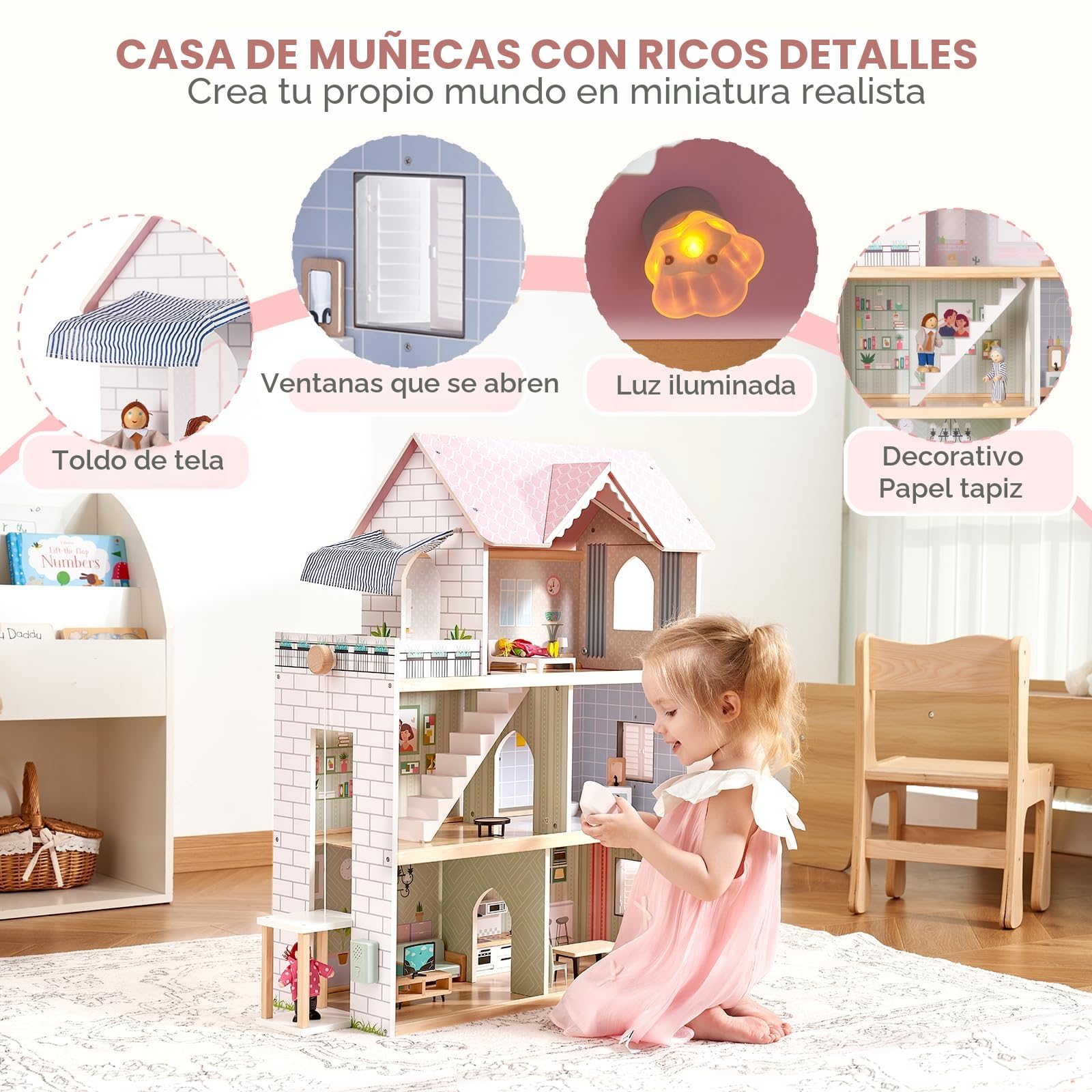 Giant Bean Casa de Muñecas Madera, 80 cm Casa Muñecas Madera de Altura con Elevador, Timbre, Luz, 15 Muebles y 3 Muñecas, Regalo de Juguete para Niñas de 3 Años +
