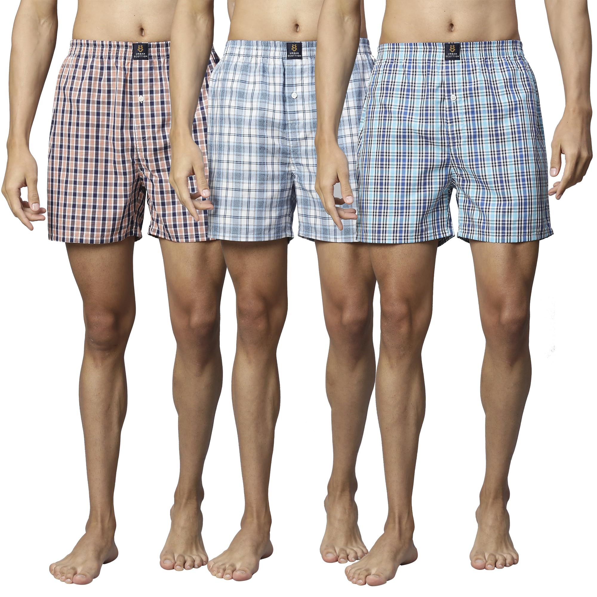 Urban Scottish Men's Checked Cotton Boxers - Multi-Colored, Mid-Rise, Comfortable Fit - Pack of 3