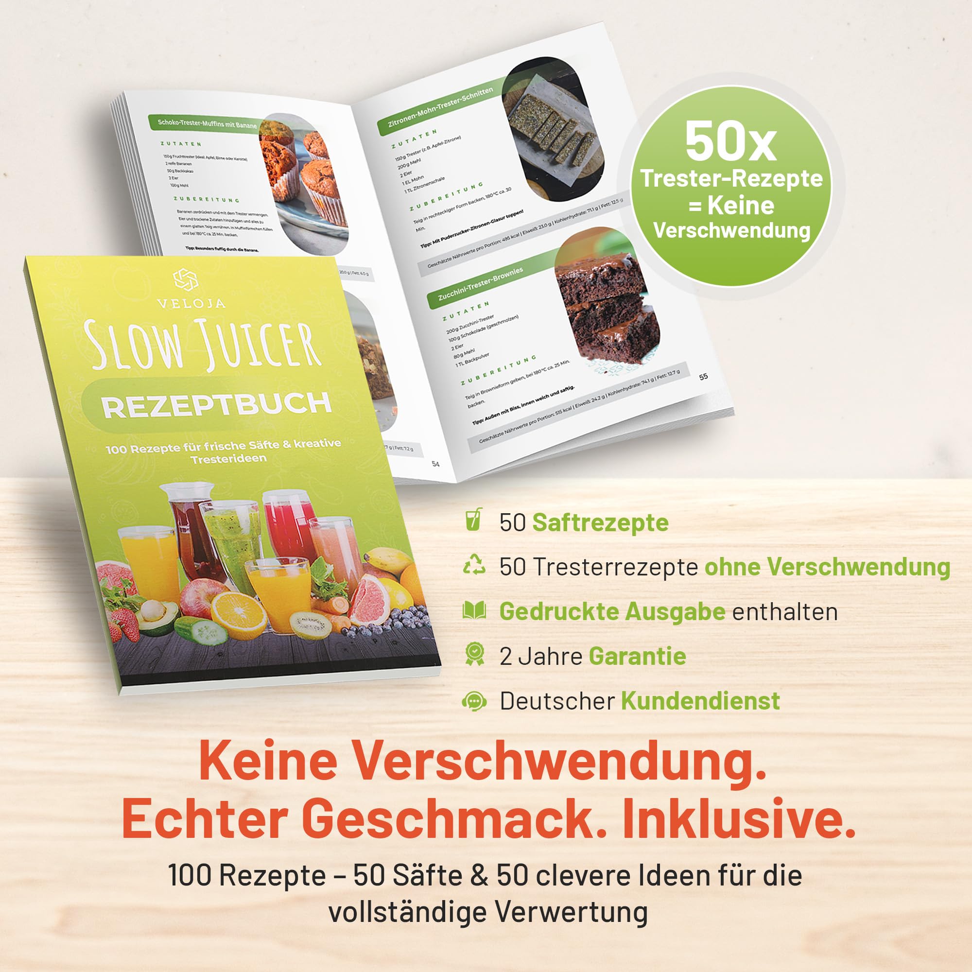 VELOJA Slow Juicer Pro - Kaltpresse Entsafter für ganze Früchte & Gemüse mit 130 mm XL-Einfüllschacht – Ultraleiser Motor – Leicht zu reinigen – Inkl. Rezeptbuch für Säfte & Tresterrezepte