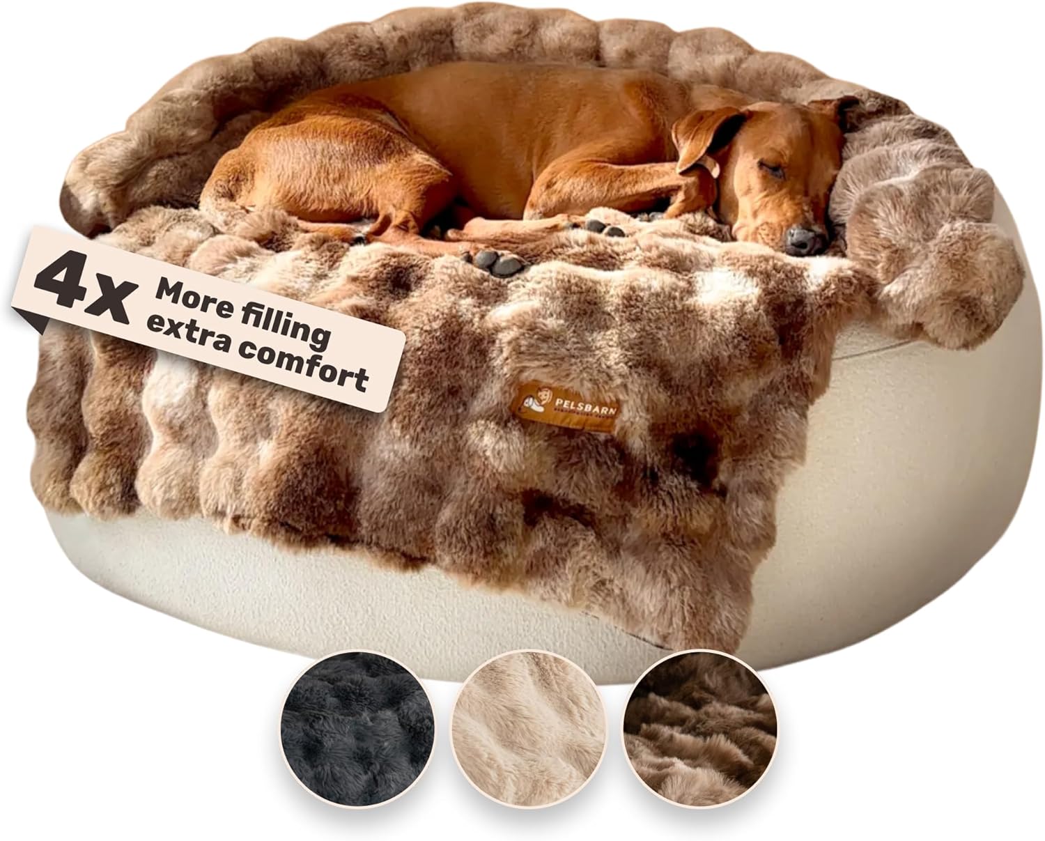 Pelsbarn Dog Bed for Couch, Luxurious Sofa Bed for Dogs with Non-Slip Oxford Bottom - Faux Rabbit Fur with Removable Cover, Large, Latte Swirl Color - 33x33 in