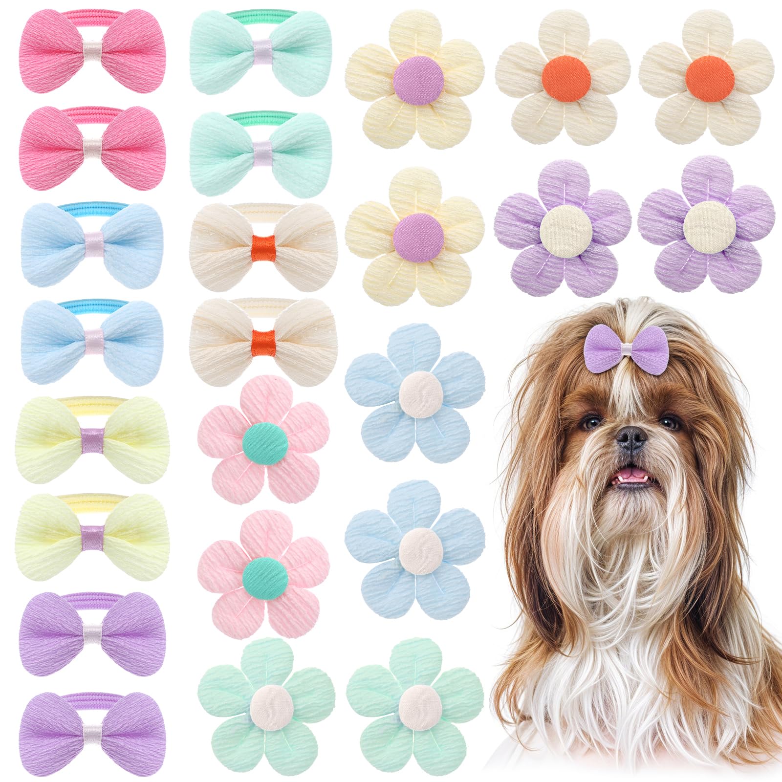 LLOUSSAK 24Pcs Cute Flower Dog Hair Bows with Rubber Bands, Dog Bows Small Size Puppy Pet Hair Flower Accessories for Puppies(Multicolor)
