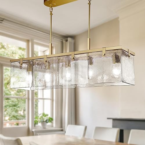 Candelabros modernos de vidrio texturizado para comedor, lámpara rectangular dorada de 37 pulgadas, iluminación rectangular de granja para isla de