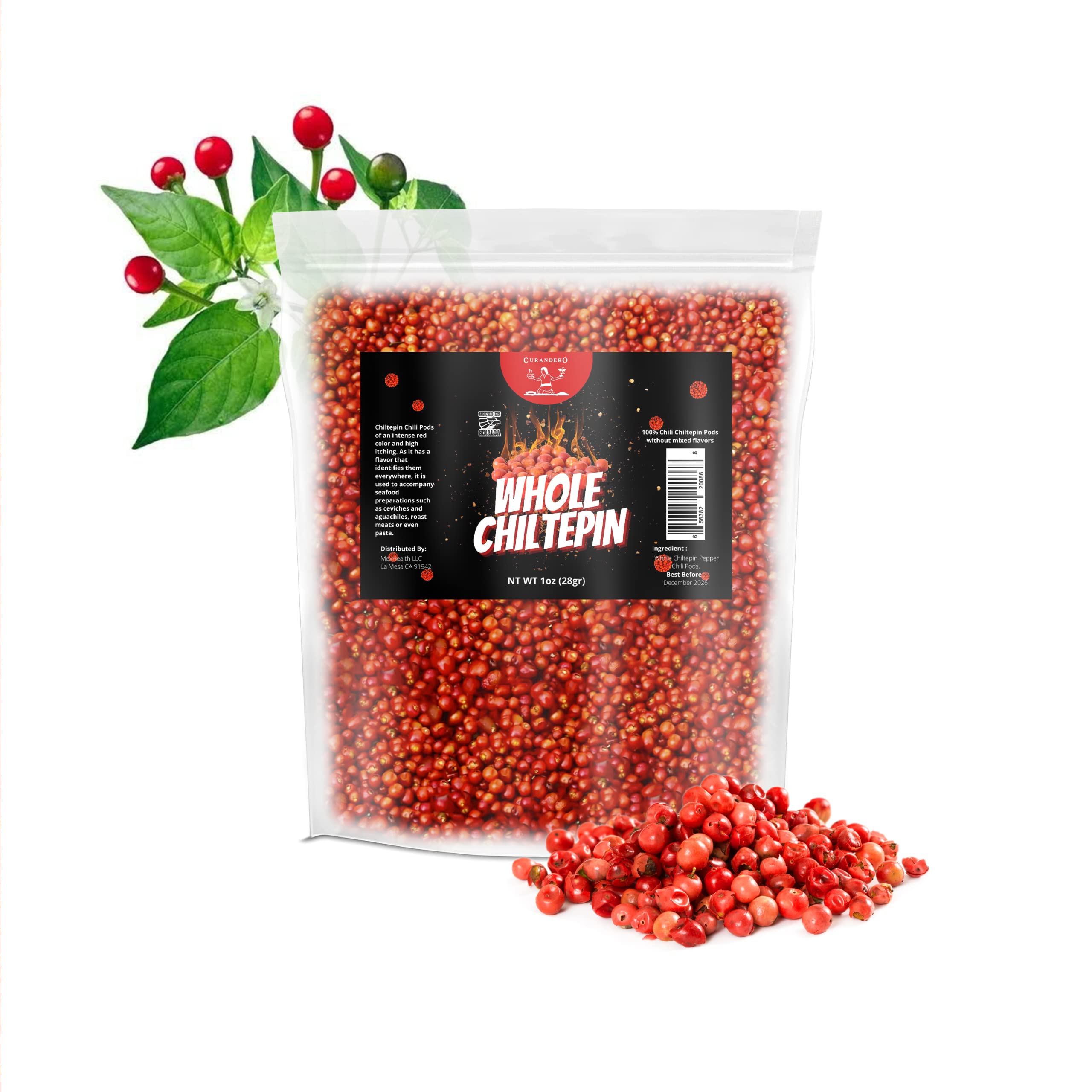 Curandero Whole Dried Chiltepin Pepper 1oz (29 gr Chile Tepin Pods) Spice Up Your Mexican Dishes With This Delicious Chile Chiltepin | Great With Mariscos, Caldos and Antojitos Mexicanos.