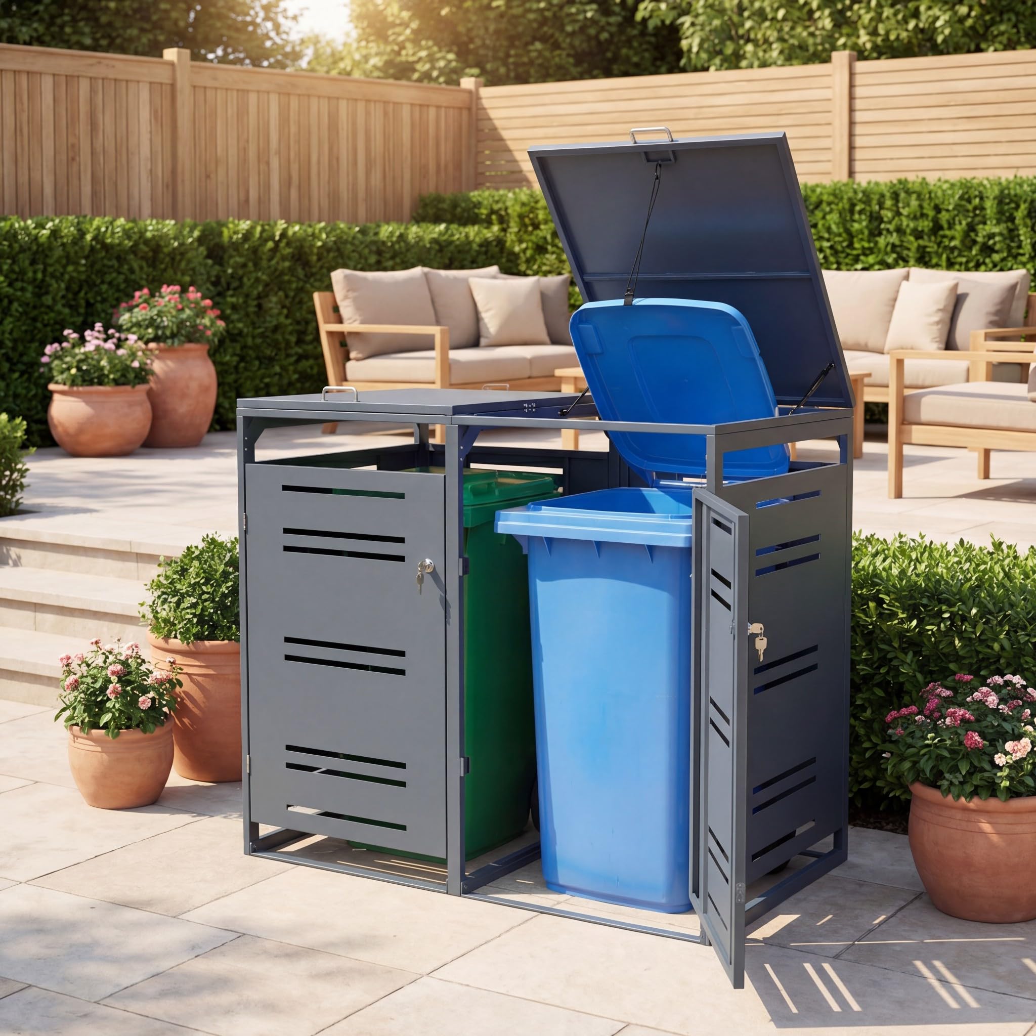 GYMAX Cache Poubelle Extérieur en Métal, Abri Double pour 2 Poubelles de 240 L, Porte Verrouillable, Couvercle Ouvrable, 132 x 80 x 117 cm, pour Jardin, Pelouse, Terrasse (Gris)