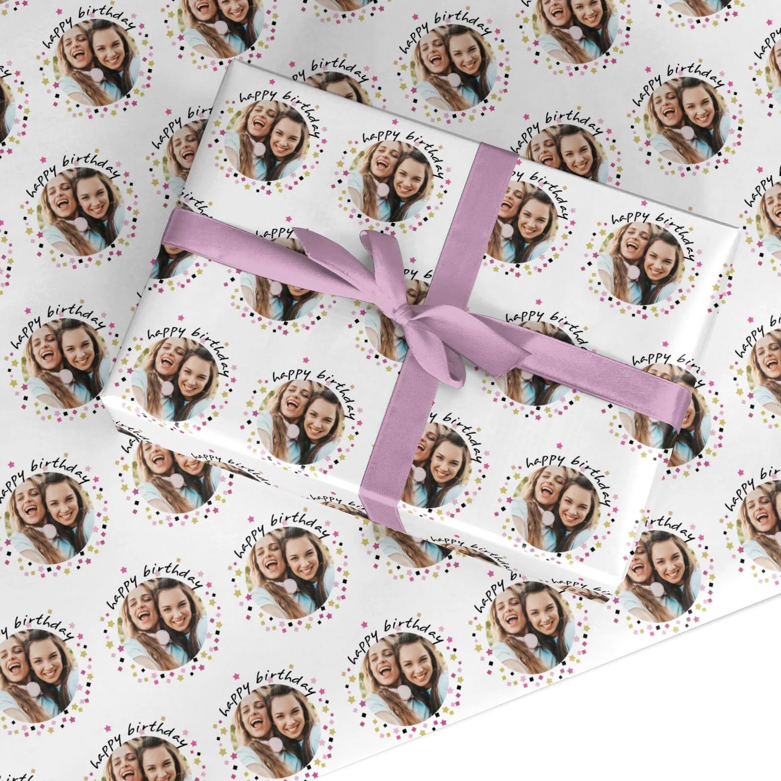 Personalised Birthday Confetti Photo Wrapping Paper Gift Wrap – Custom Name & Age – Recyclable Eco Friendly Birthday Present Gift Paper by Dyefor - Large Roll (50cm x 3.6m)