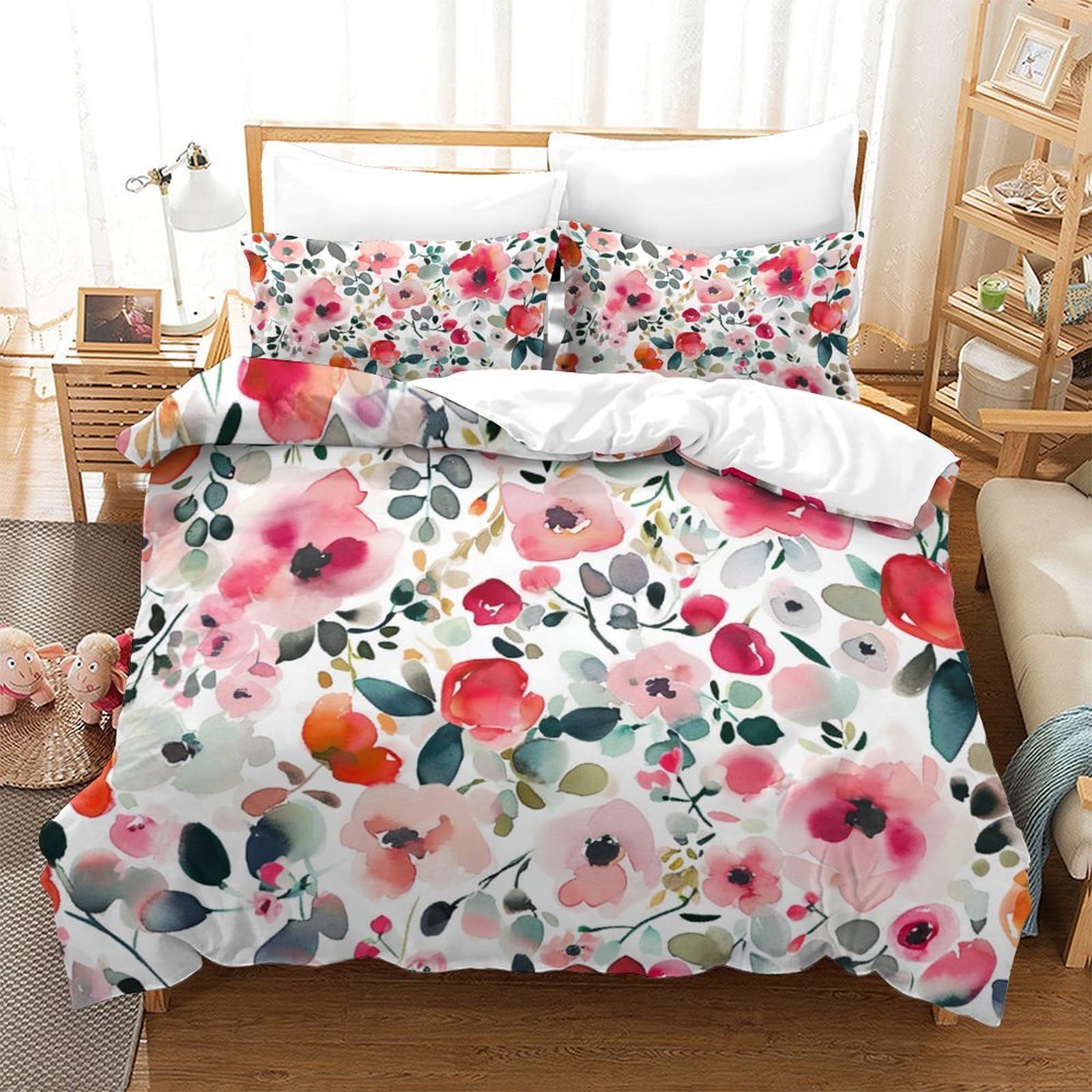 Housse de couette respirante et super douce parure de lit fleurs aquarelle 3D 260x220cm