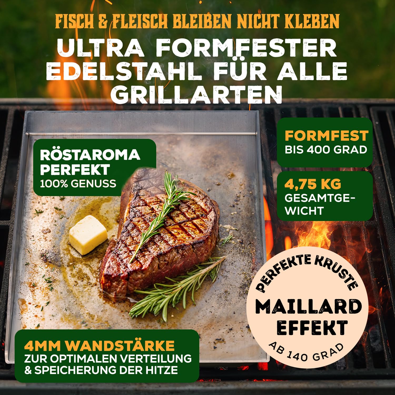 Blumtal Set Plancha Grillplatte Edelstahl inkl. 2 Grillspachteln & Ölflasche - 30x40 cm Plancha Grill Set für perfekte Röstaromen - Grillmatte Gasgrill geeignet - Edelstahl Platte rostfrei & robust