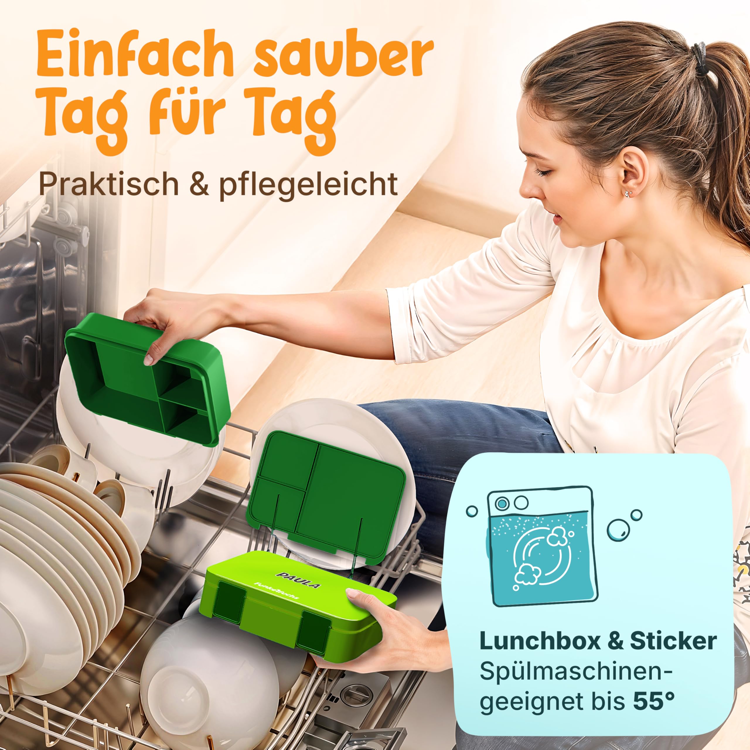 Funkelfuchs LUMI | Brotdose Kinder mit Fächern – 950ml, Grün | Lunchbox BPA-frei für Schule & Kindergarten |Super leicht, nur 350g |Auslaufsicher, Spülmaschinengeeignet | Bento Box, Snackbox, Brotbox