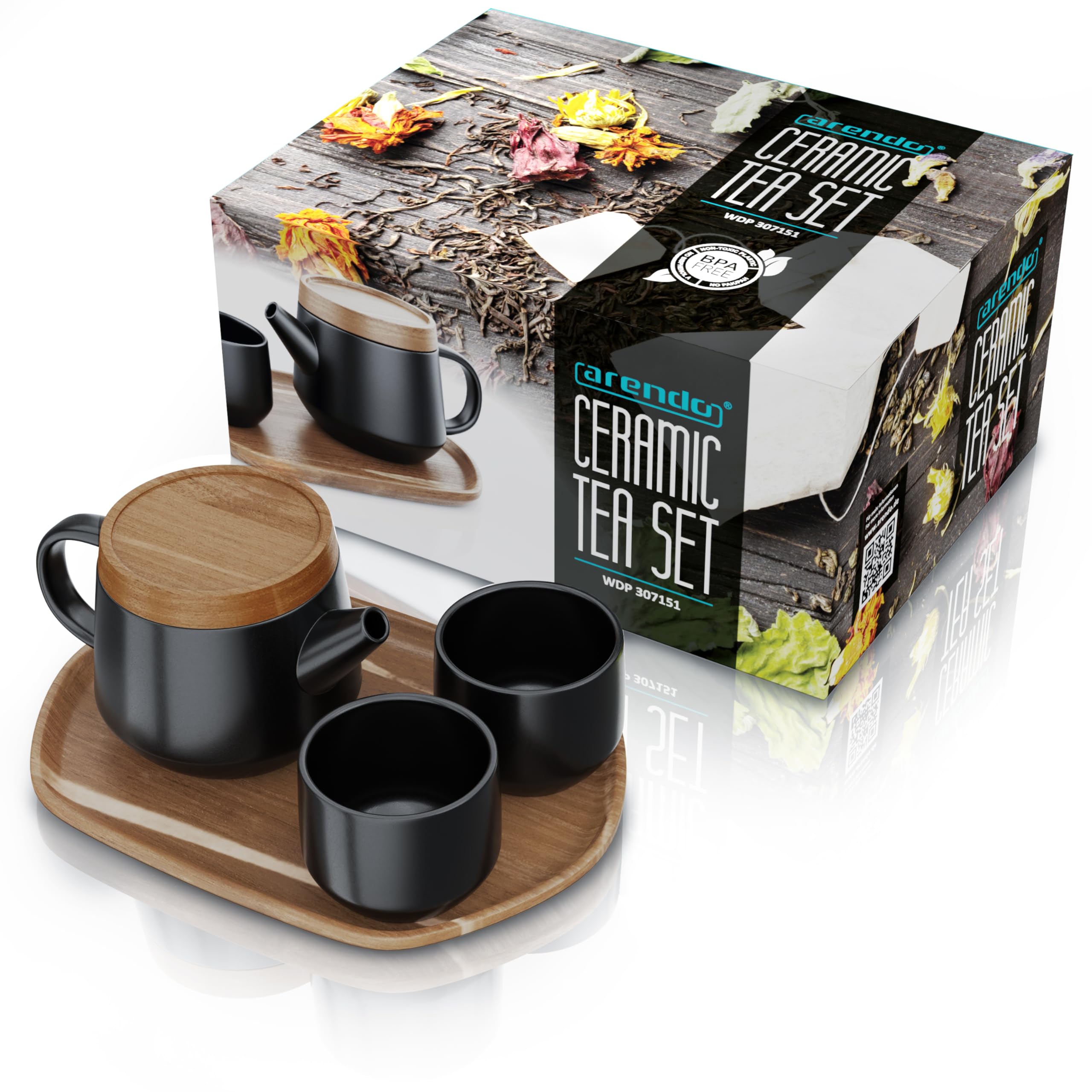 Arendo - Teeservice Set, Keramik Teekannen Set, Teekanne Porzellan, Japanische Teekanne mit Teesieb 0,6 Liter, Teekanne mit Deckel Untersetzer 2 Tassen und Tablett
