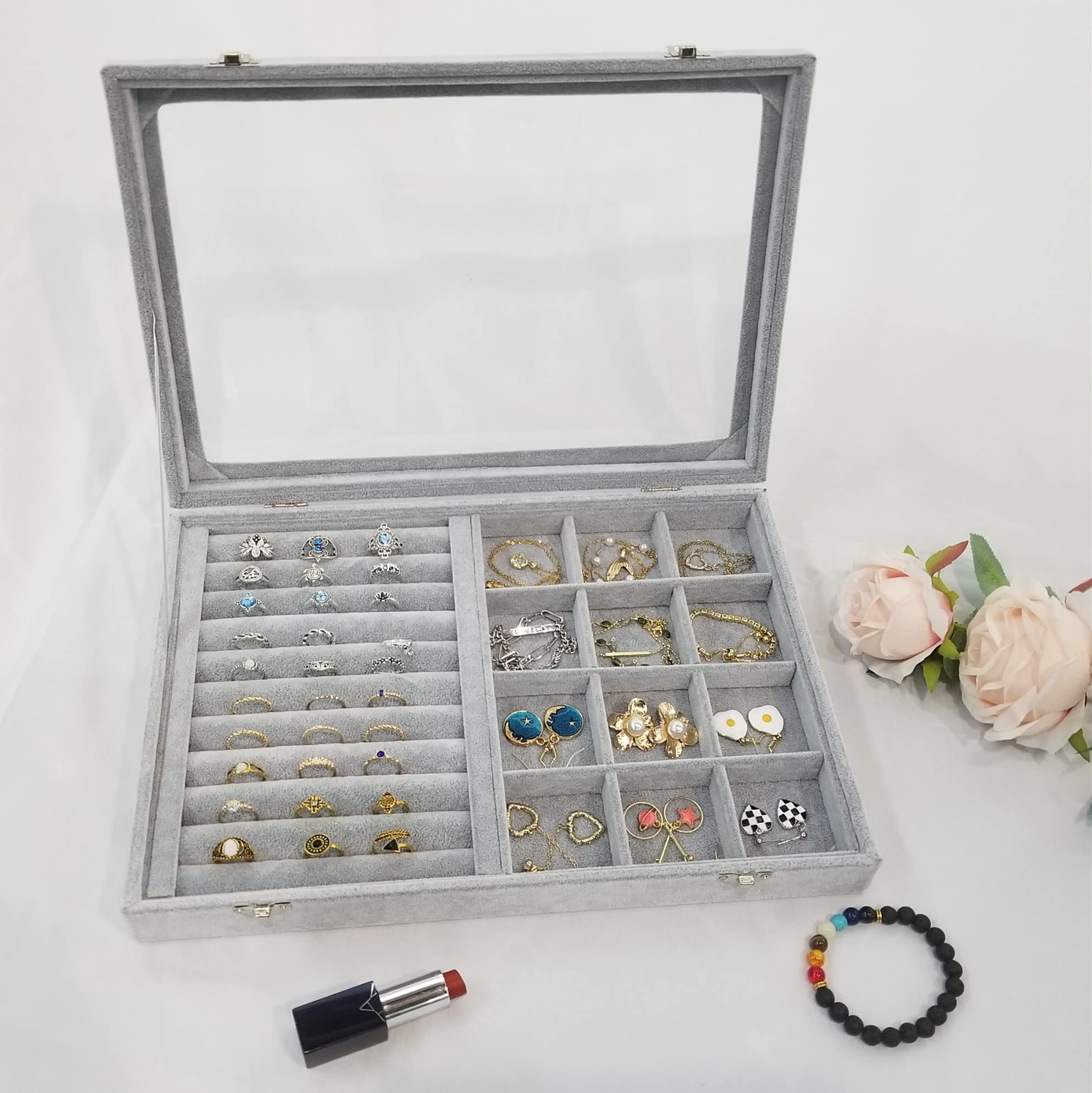 Caja organizadora de anillos de terciopelo de hielo, 12 rejillas, bandeja de joyería con tapa transparente y cerradura gris