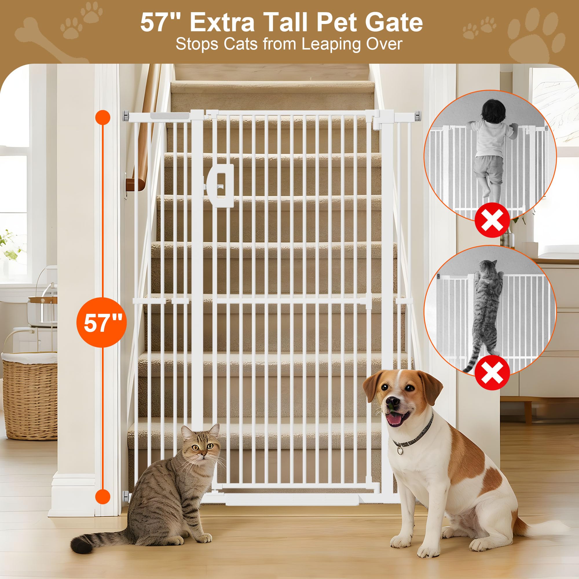 Jekriuet 57" Extra Tall Pet Gate, Auto Close Dog Door Pressure Mounted No Drilling for Doorways, Hallways, Stairs, Expandable 27.5"-38.5" Wide, Narrow 1.18" Spacing for Small Dogs & Puppies, White - 3
